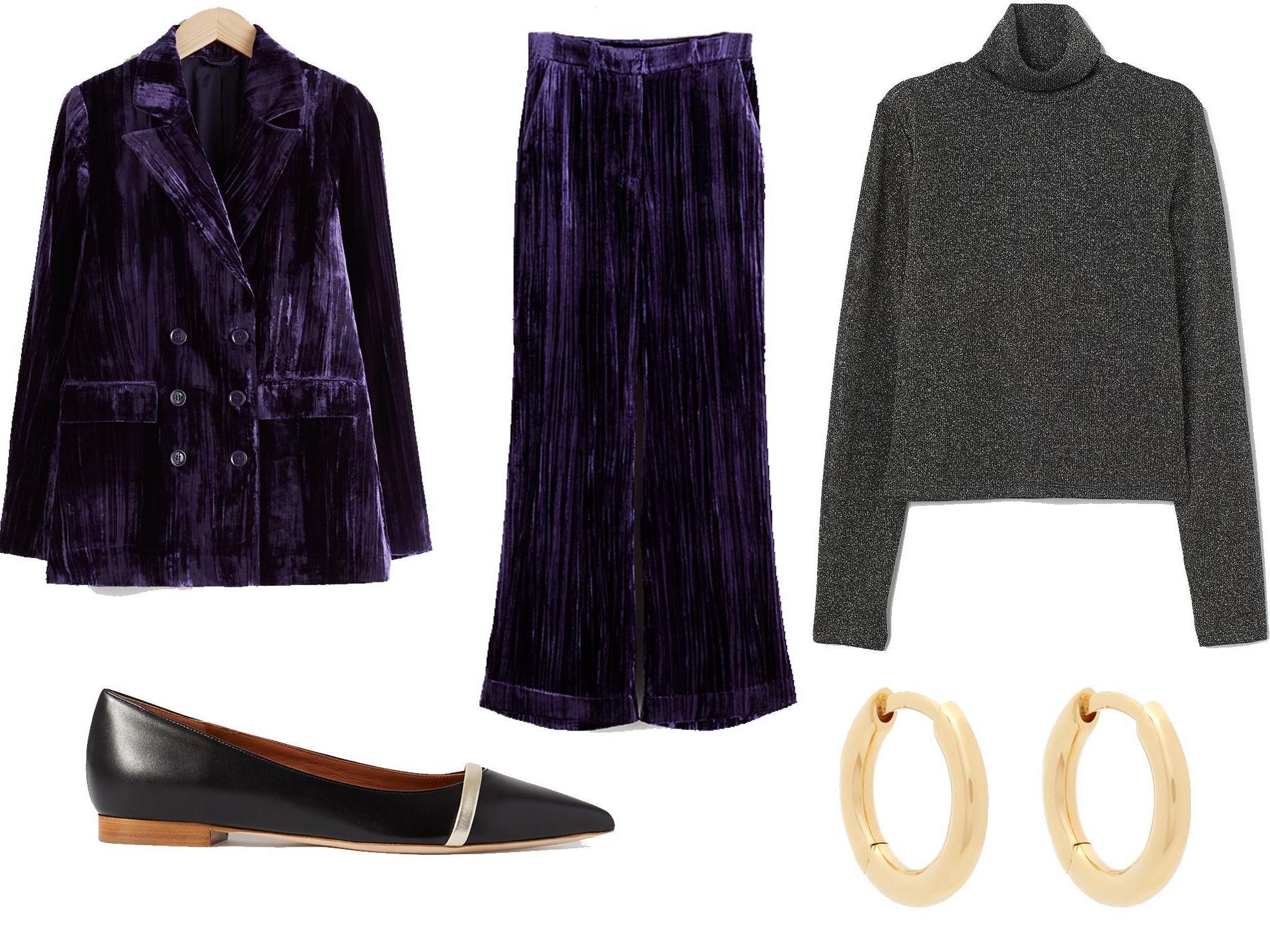 &amp; Other Stories crushed velvet double breasted blazer: £95, &amp; Other Stories crushed velvet kick flare trousers: £75, H&amp;M, Glittery polo-neck jumper: £12.99, Malone Souliers, Maybelle metallic-trimmed leather point-toe flats: £425, Tom Wood, small gold-vermeil hoops: £128.