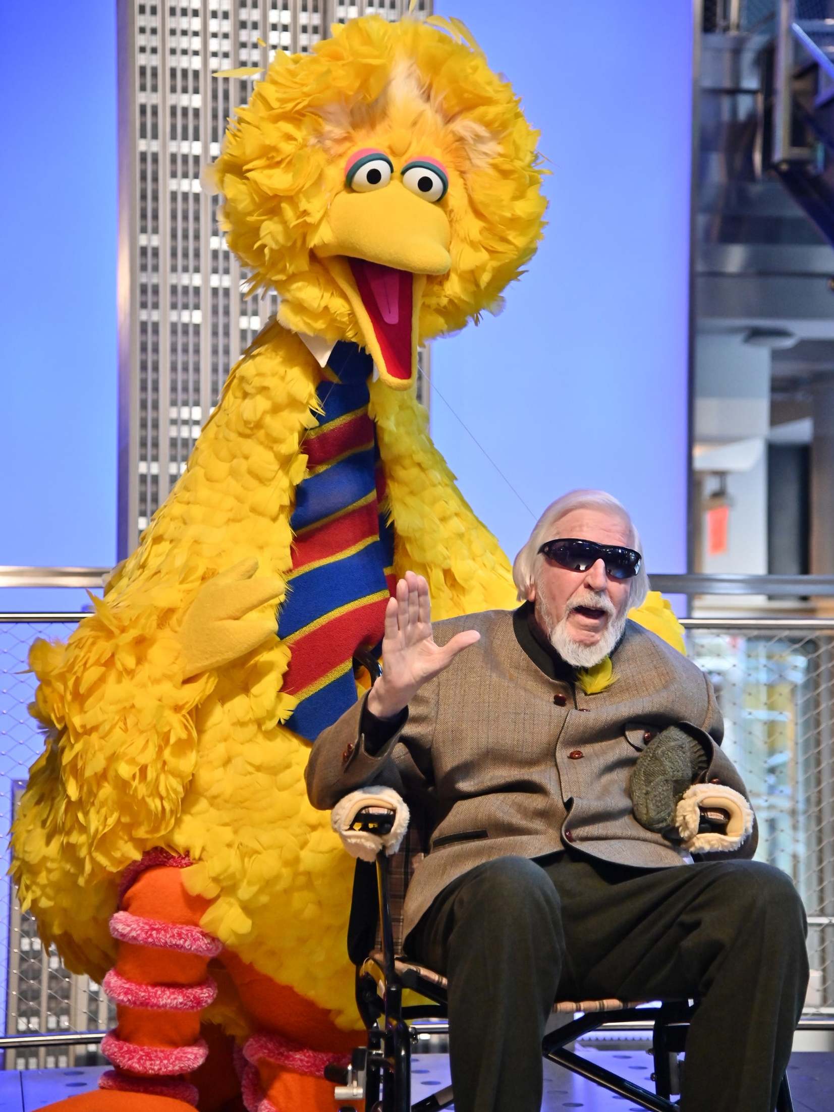 Caroll Spinney and Big Bird switch on the Empire State Building lights on 8 November 2019