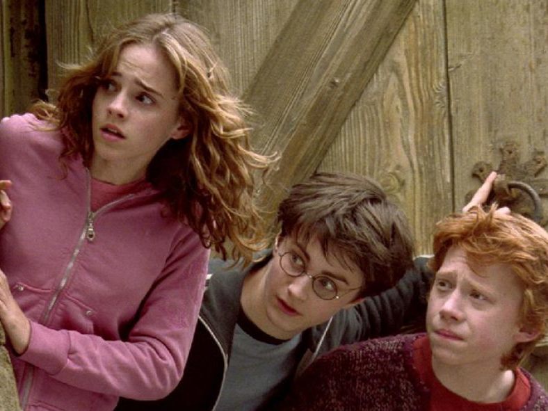 Stuttering and shrieking: Watson alongside Daniel Radcliffe and Rupert Grint in ‘Harry Potter and the Prisoner of Azkaban’ (2004)