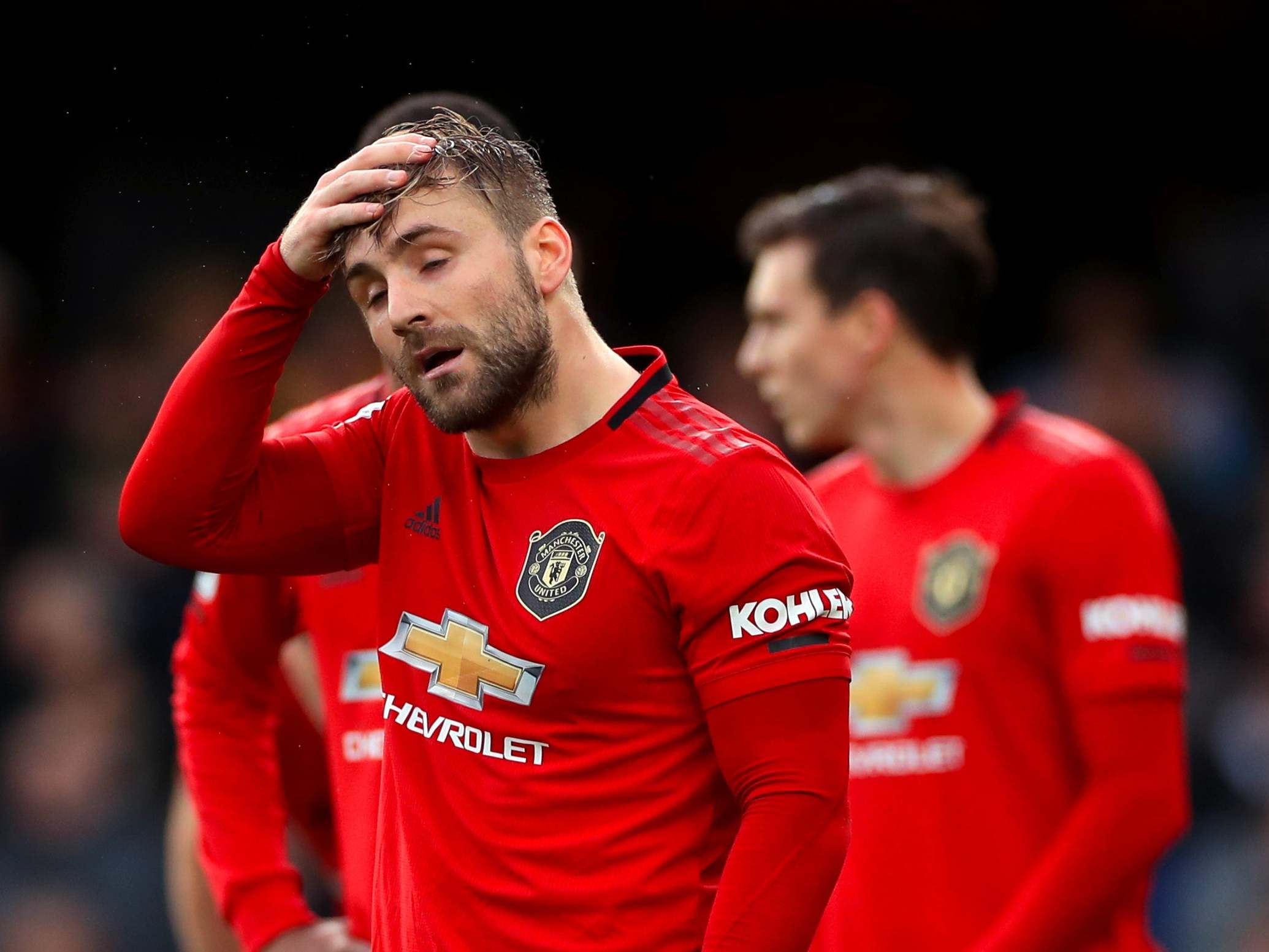 Luke Shaw reacts during Manchester United’s defeat