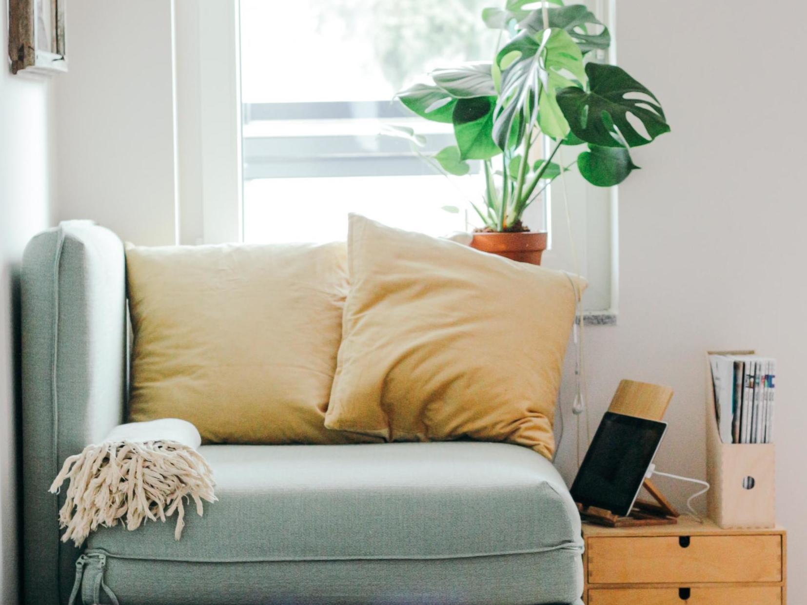 Neutral tones are made warm with contrasting splashes of colour