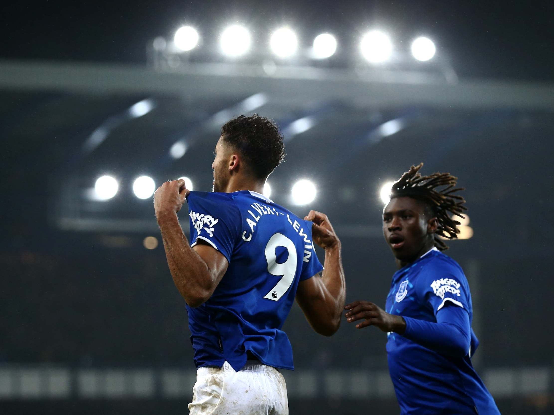 Dominic Calvert-Lewin celebrates after gifting Carlo Ancelotti a debut win for Everton