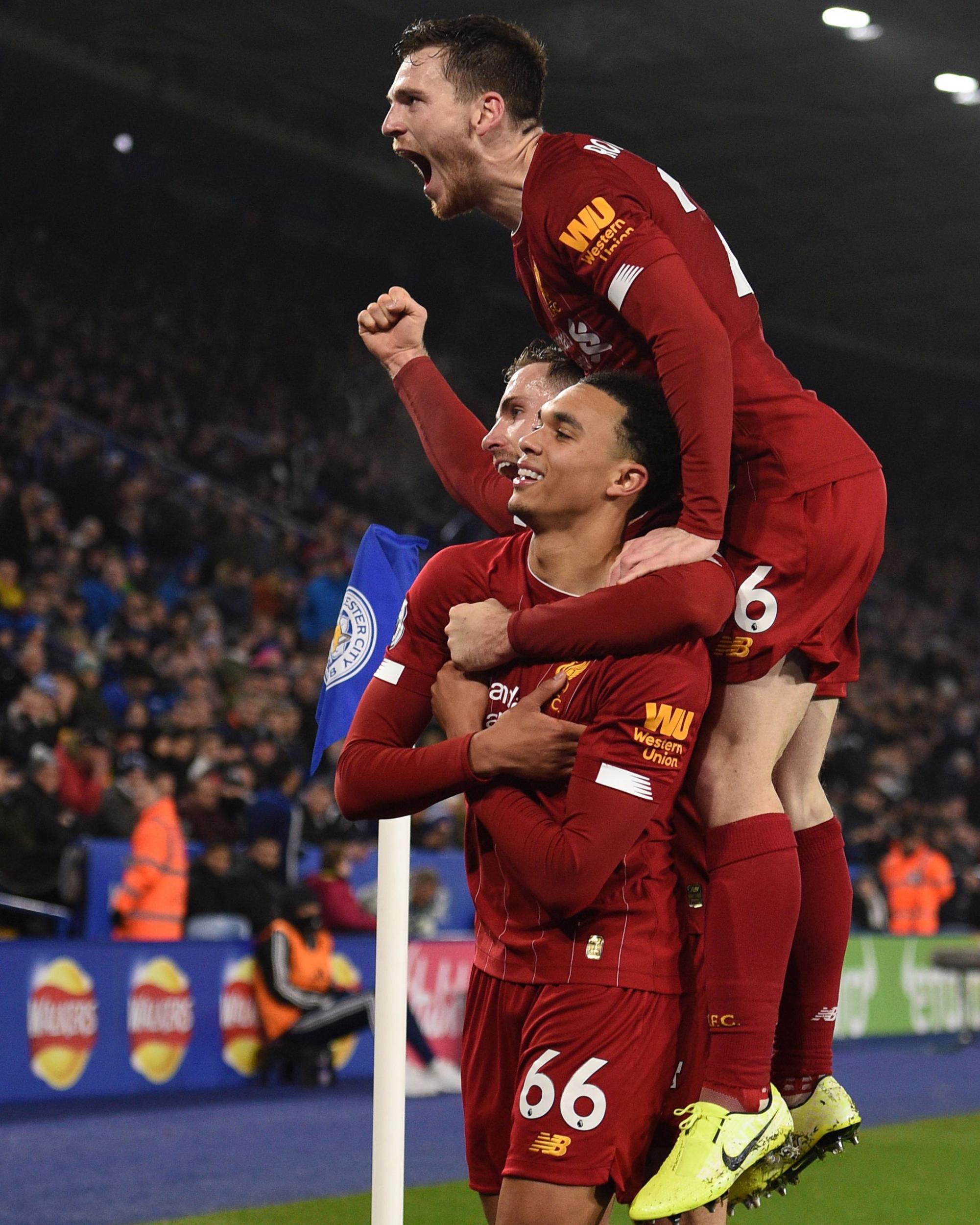 Alexander-Arnold celebrates his goal vs Leicester