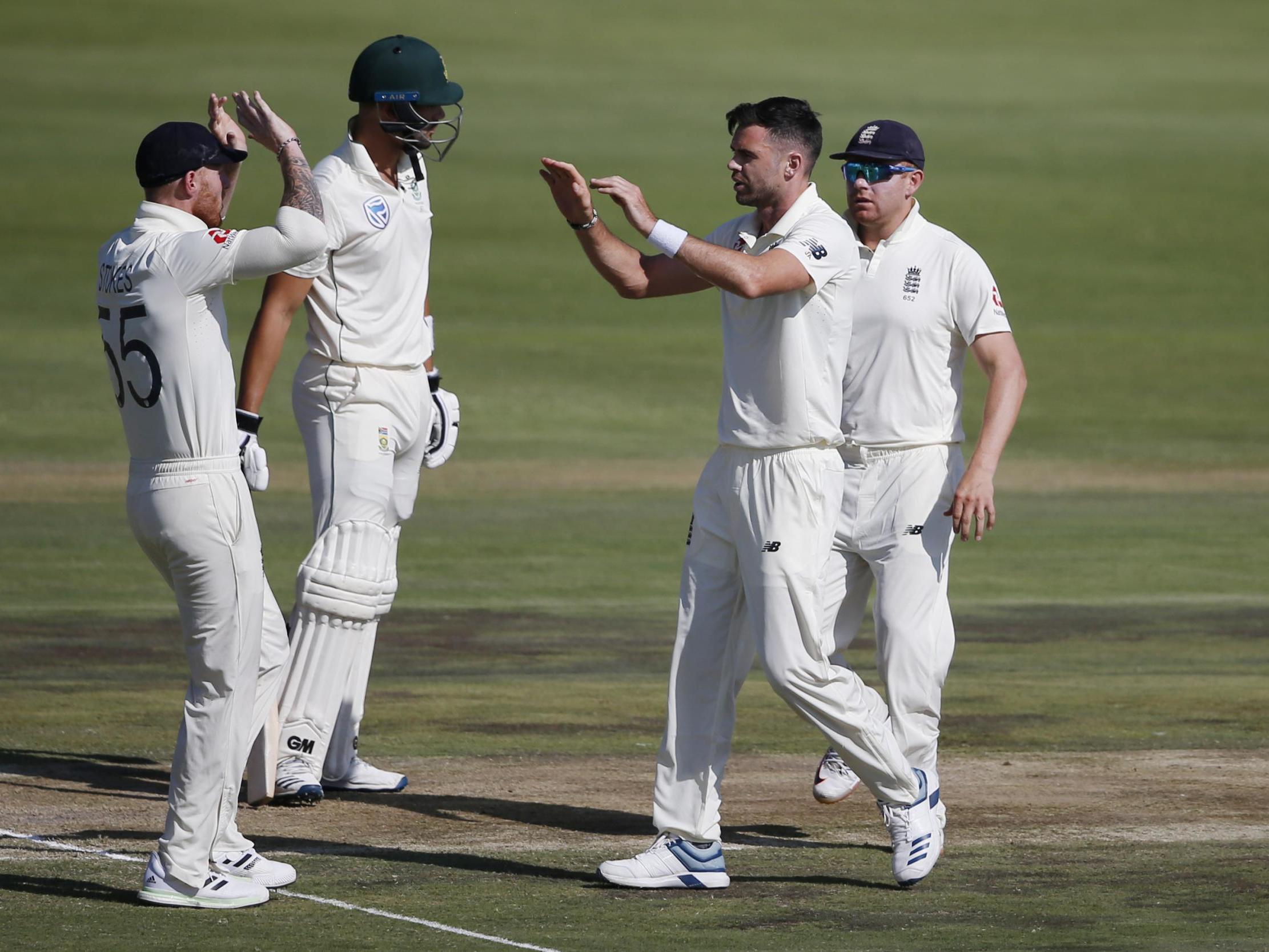 James Anderson celebrates with teammates after the dismissal of Aiden Markram