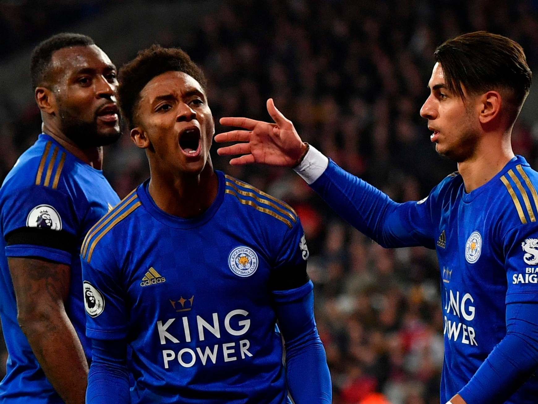 Demarai Gray celebrates scoring for Leicester at West Ham