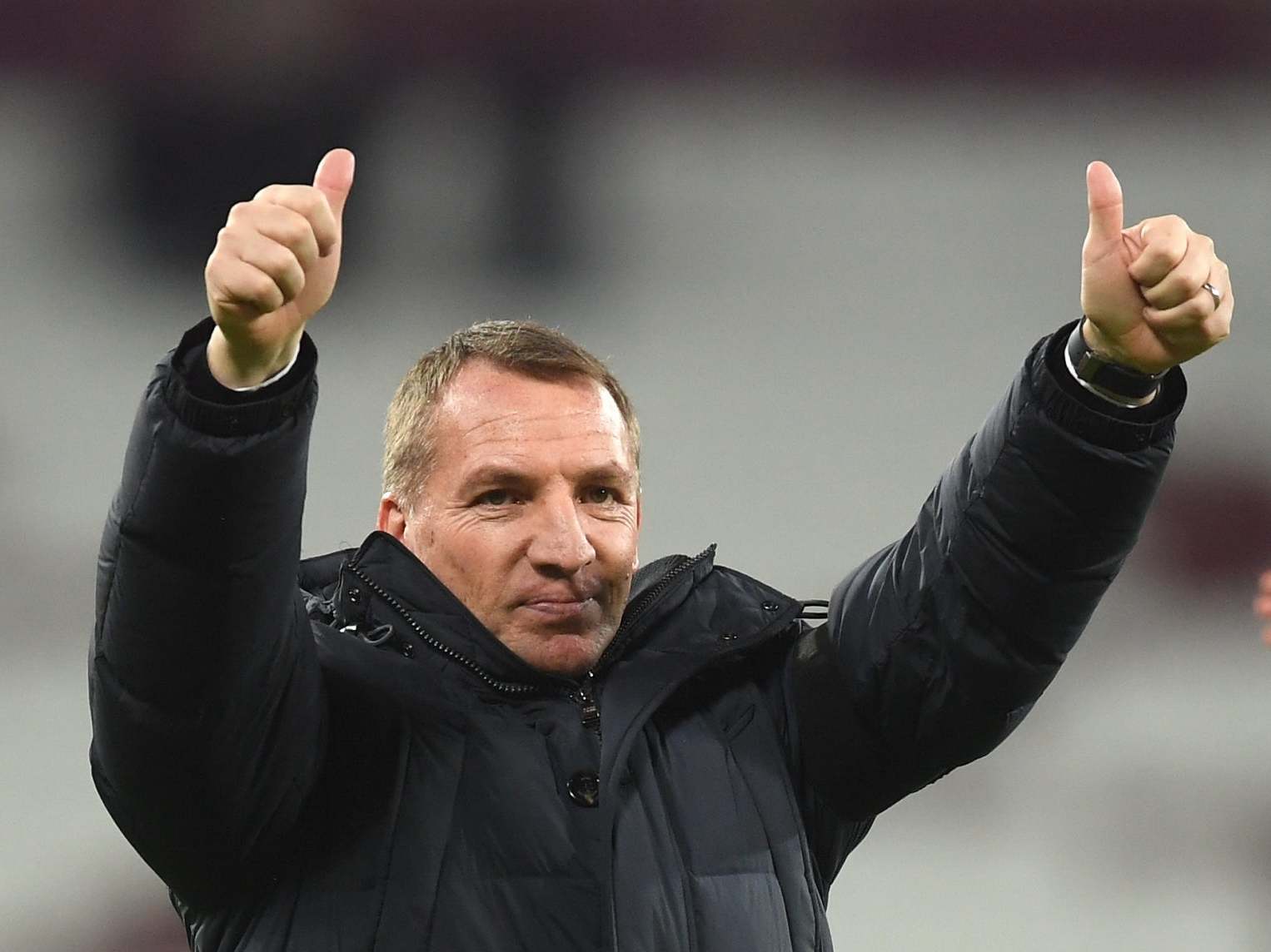 Rodgers salutes the Leicester away fans after a fine win at West Ham