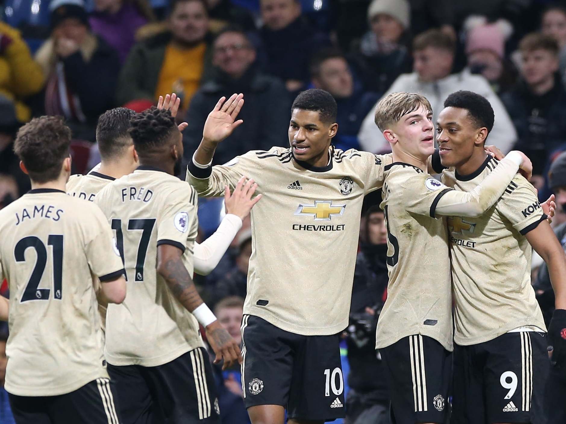 United celebrate after Martial puts them 1-0 up at Turf Moor