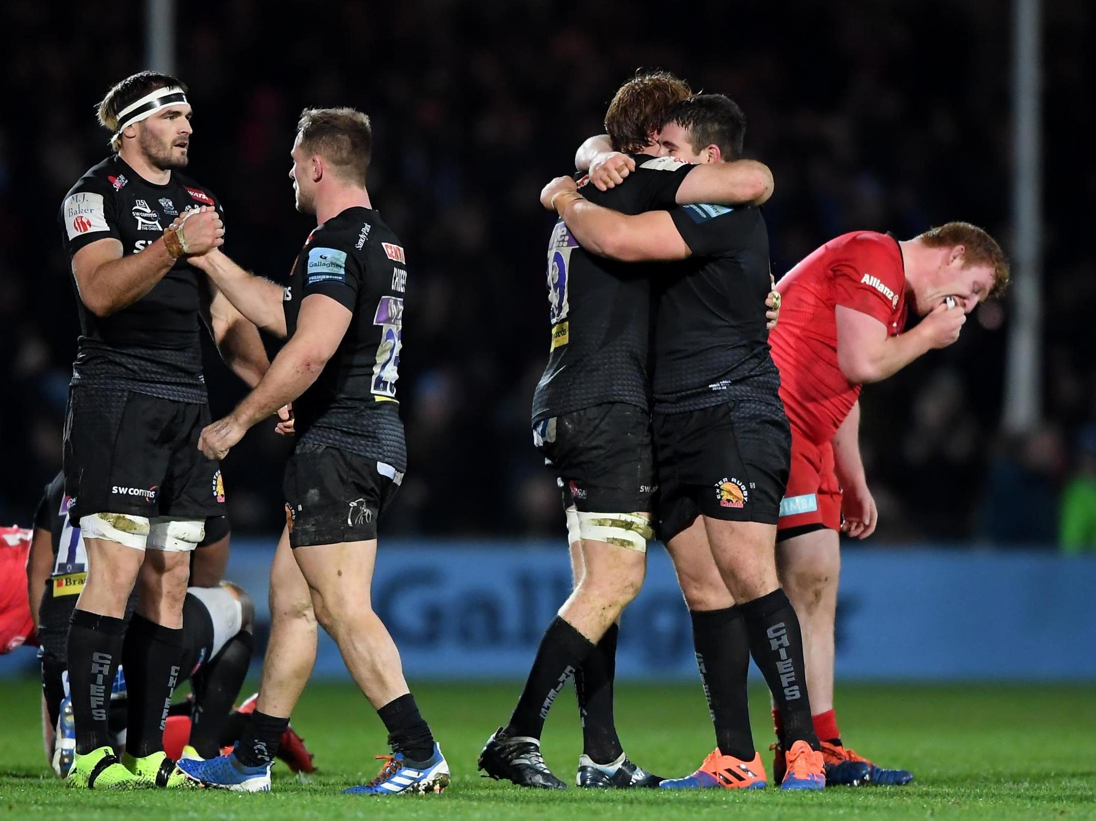 Exeter celebrate after securing victory over Saracens