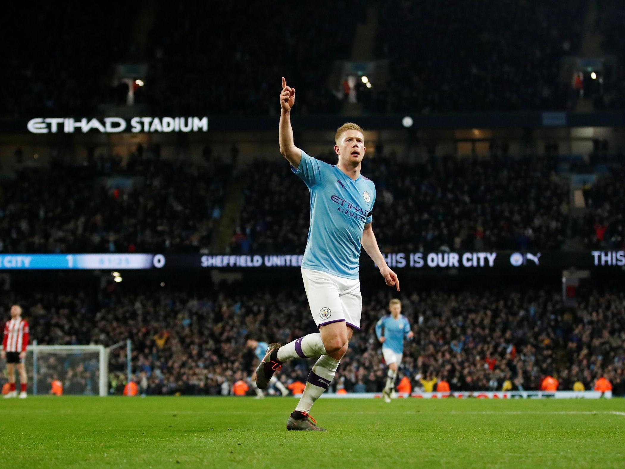 Kevin De Bruyne celebrates scoring Liverpool's second goal