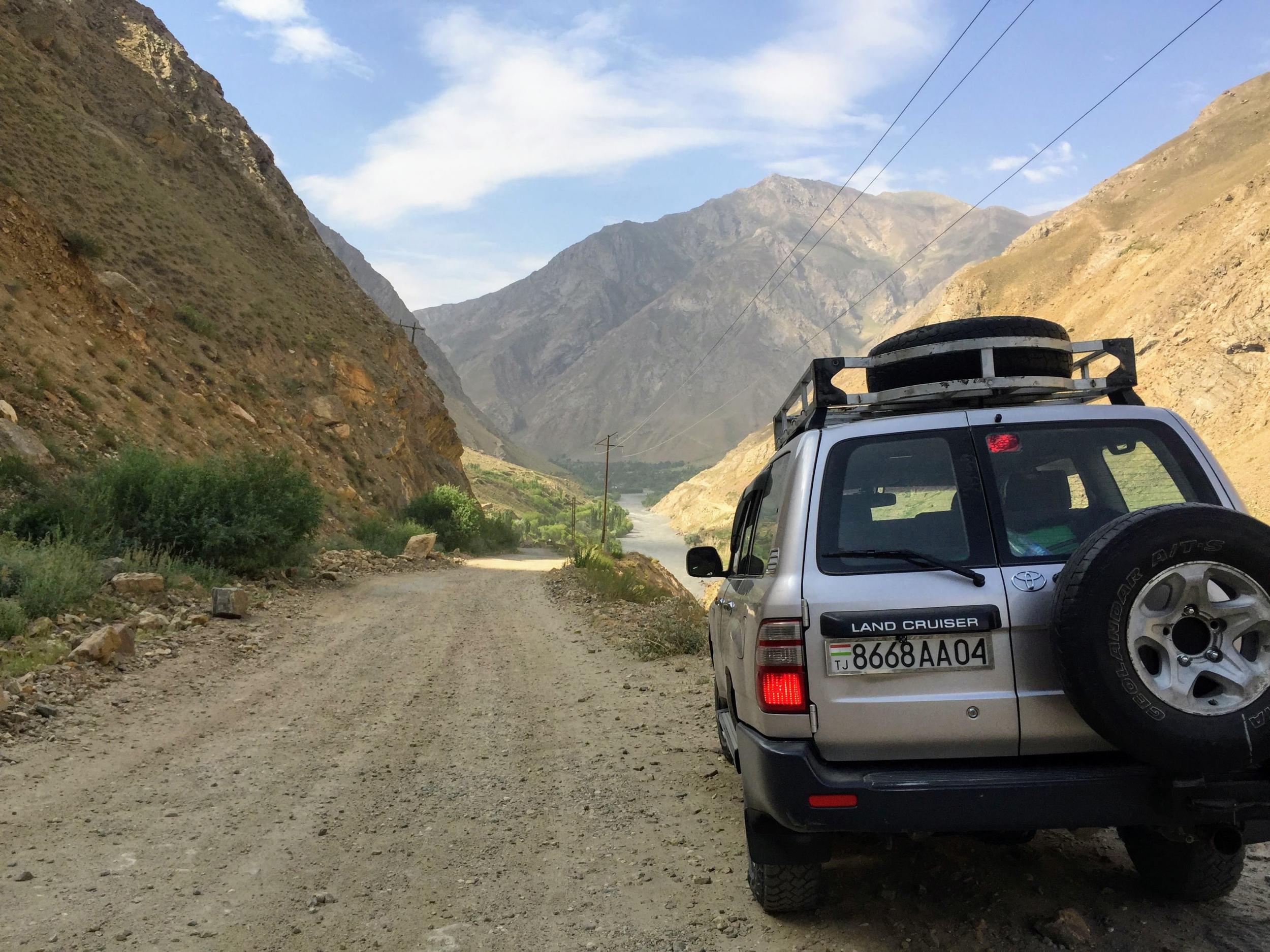 Driving the Wakhan Corridor. The mountains on the right are Afghanistan