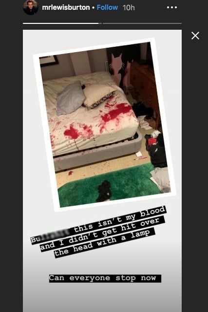 Burton’s Instagram Story, featuring a photograph of a blood-stained bed