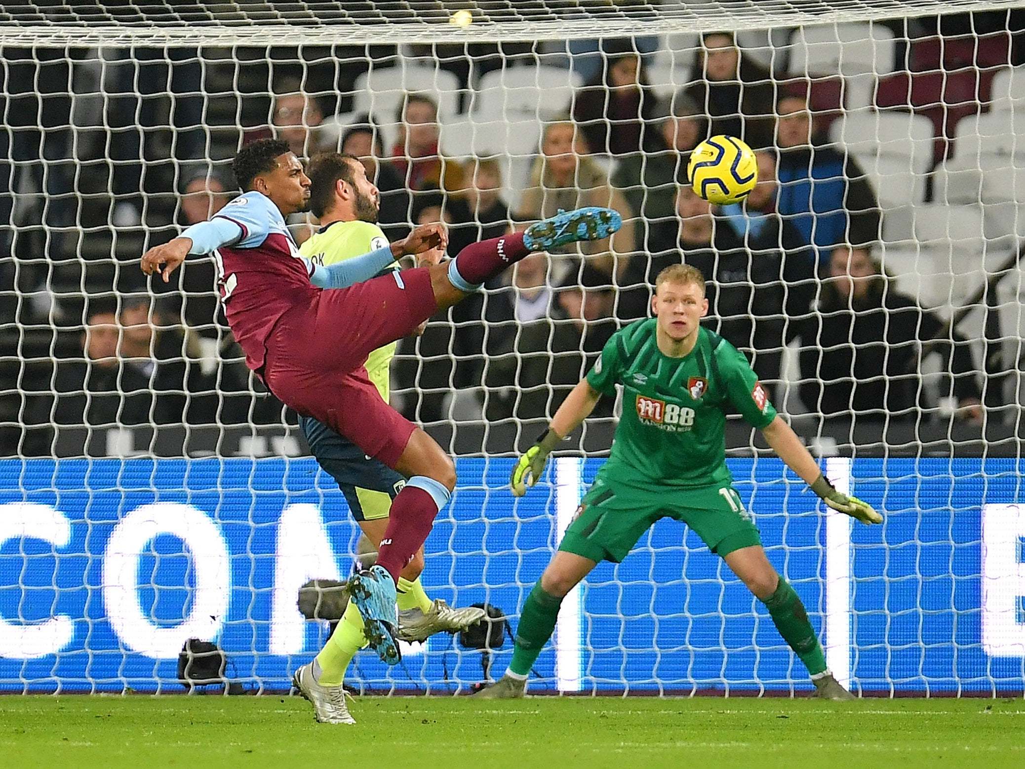 Sebastien Haller leaps to fire in West Ham's second goal