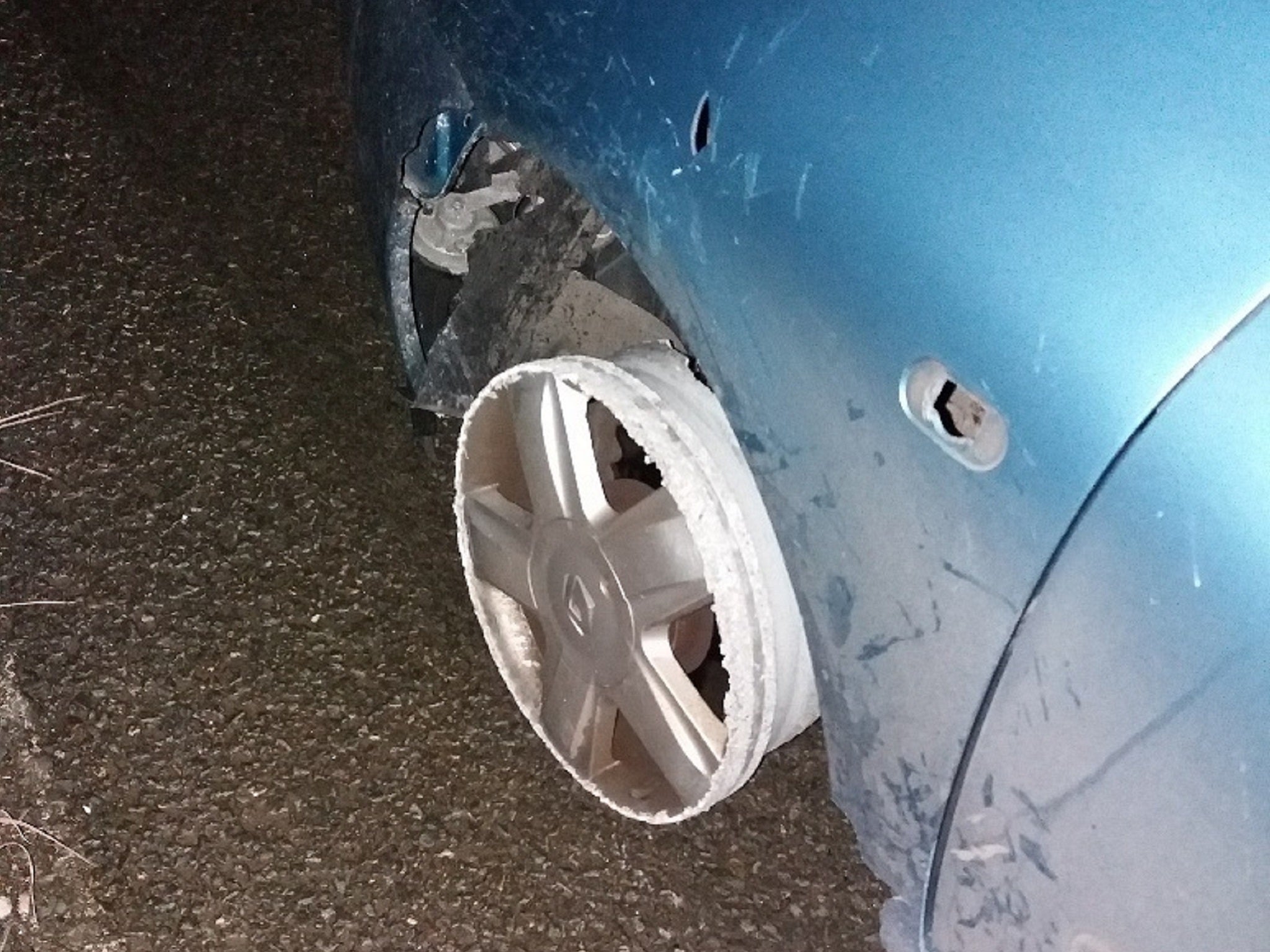 A man was arrested after police discovered his car had no front tyres and that he was almost six times over the legal drink-drive limit while travelling on the M66.