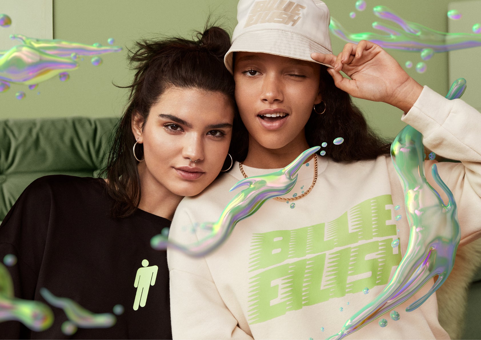 Printed sweatshirt (?19.99), bucket hat (?9.99) and printed sweatshirt dress (?19.99) (Billie Eilish x H&amp;amp;M)