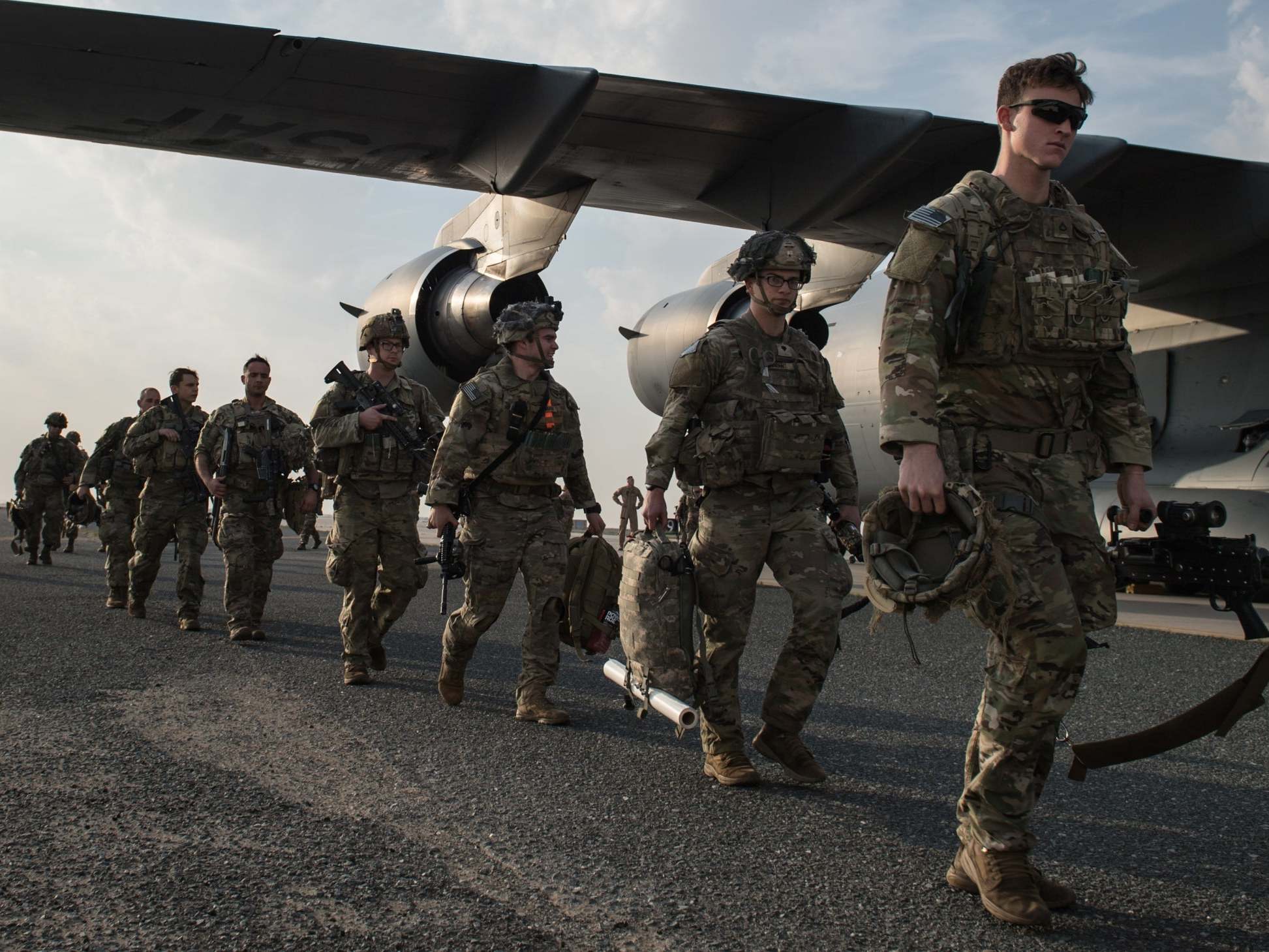 US Army paratroopers from the 82nd Airborne Division arrive at Ali Al Salem Air Base, Kuwait, 2 January 2020