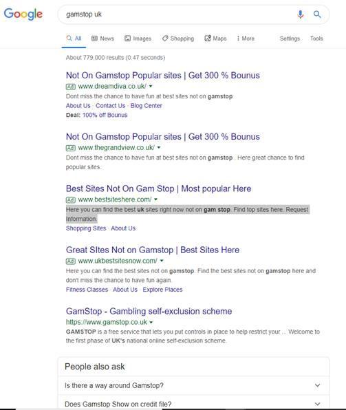 Results for a search for ‘Gamstop UK’ on Thursday 2 January; Google says the relevant accounts have been suspended from its advertising platform