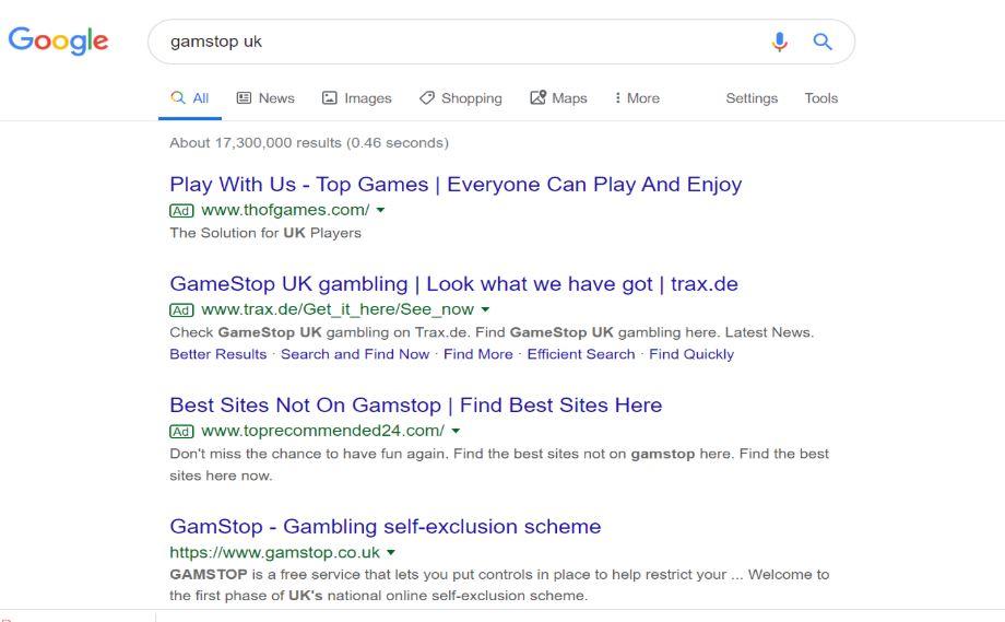 A search for ‘Gamstop UK’ on Friday 3 January still showed an advert allowing gamblers to circumvent software designed to help them quit