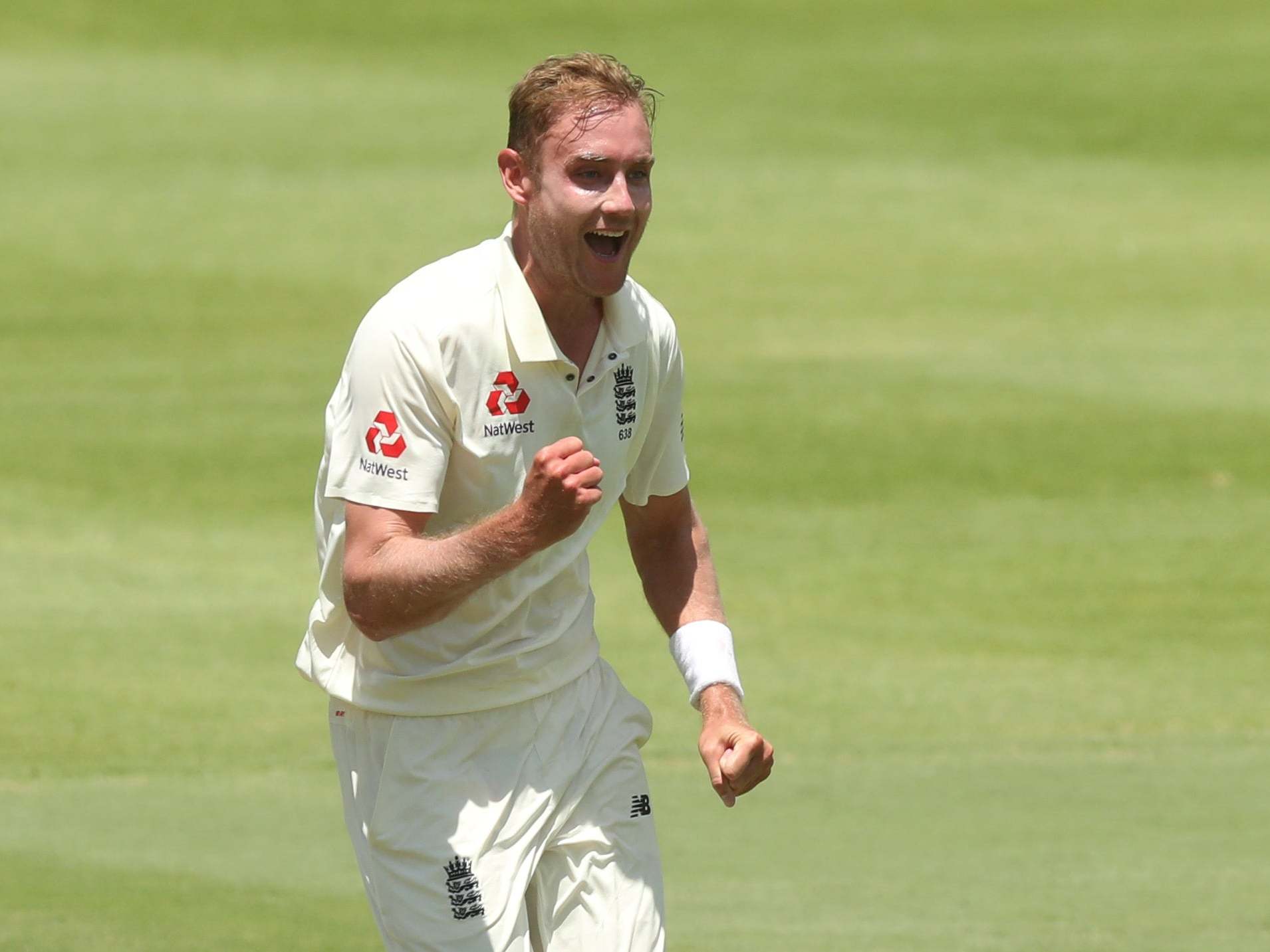 Stuart Broad celebrates taking Zubayr Hamza on day two of the second Test