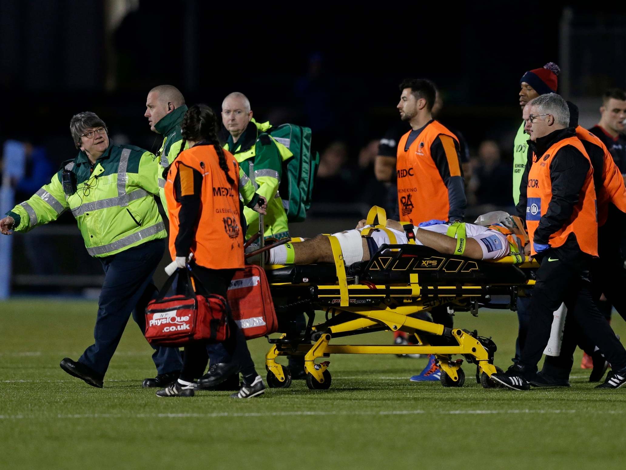 Michael Fatialofa is carried off the field on a stretcher