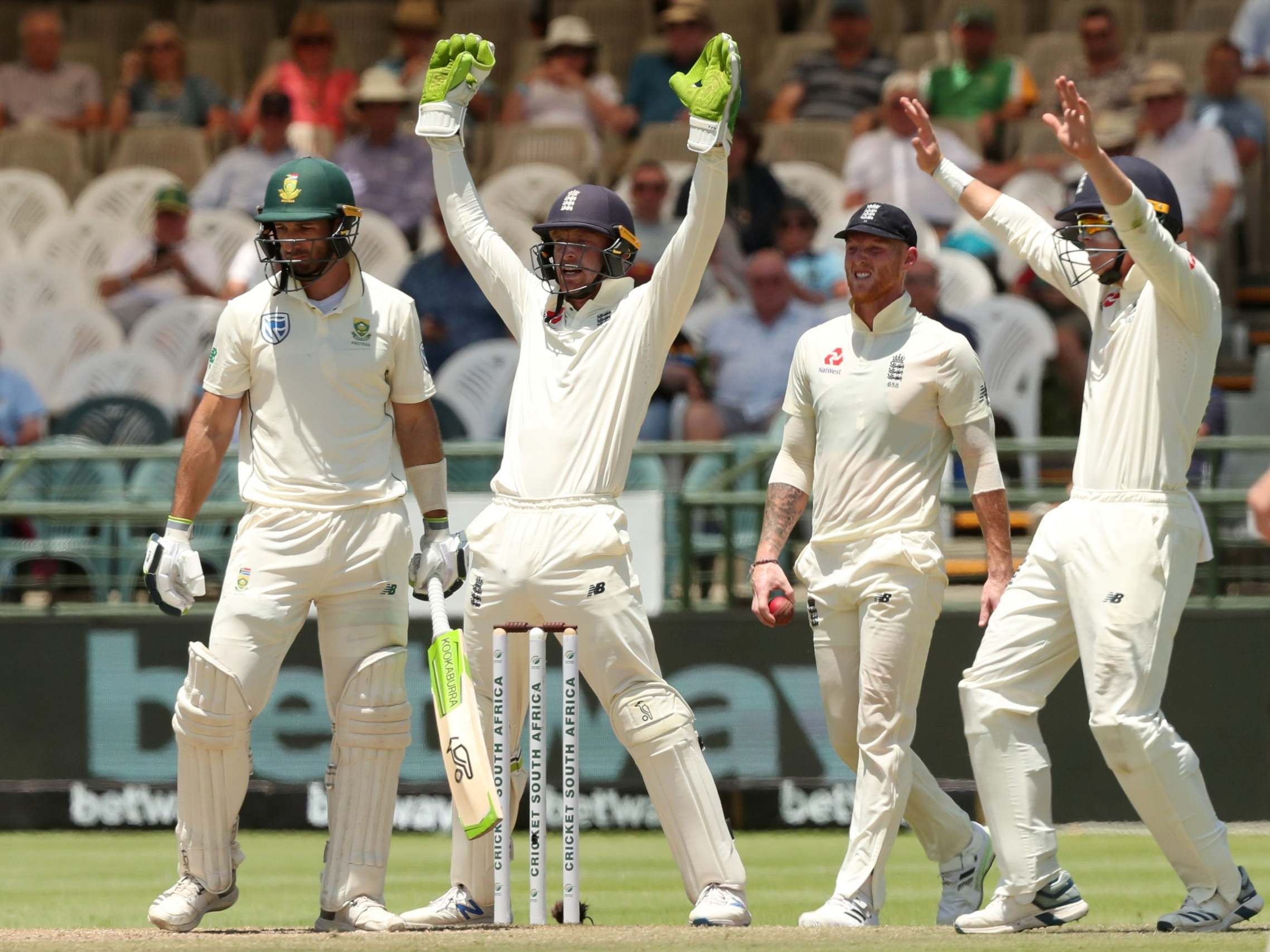 England players appeal unsuccesfully for the wicket of South Africa's Pieter Malan