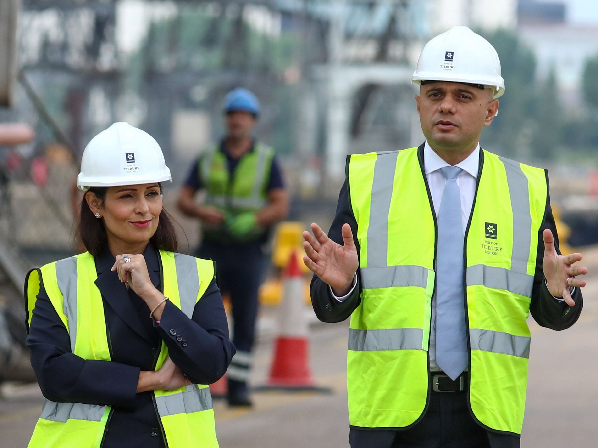 Chancellor Sajid Javid, here alongside Priti Patel, is promising a decade of renewal