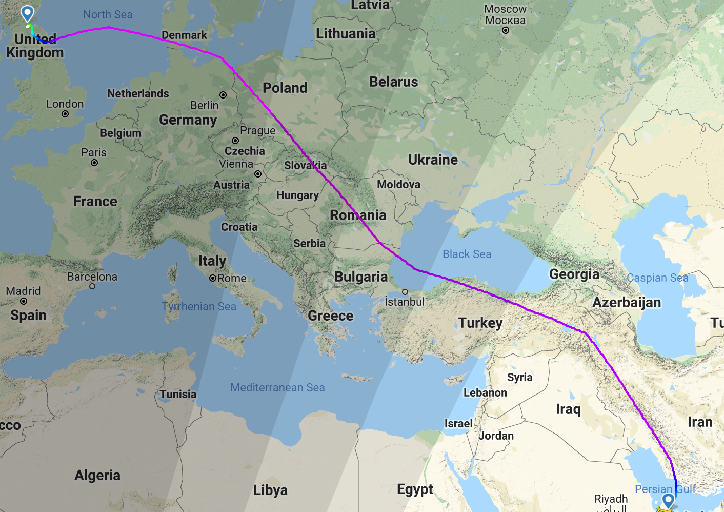 Fly over: the flight path for Qatar Airways QR29 from Doha to Edinburgh on 7 January 2020