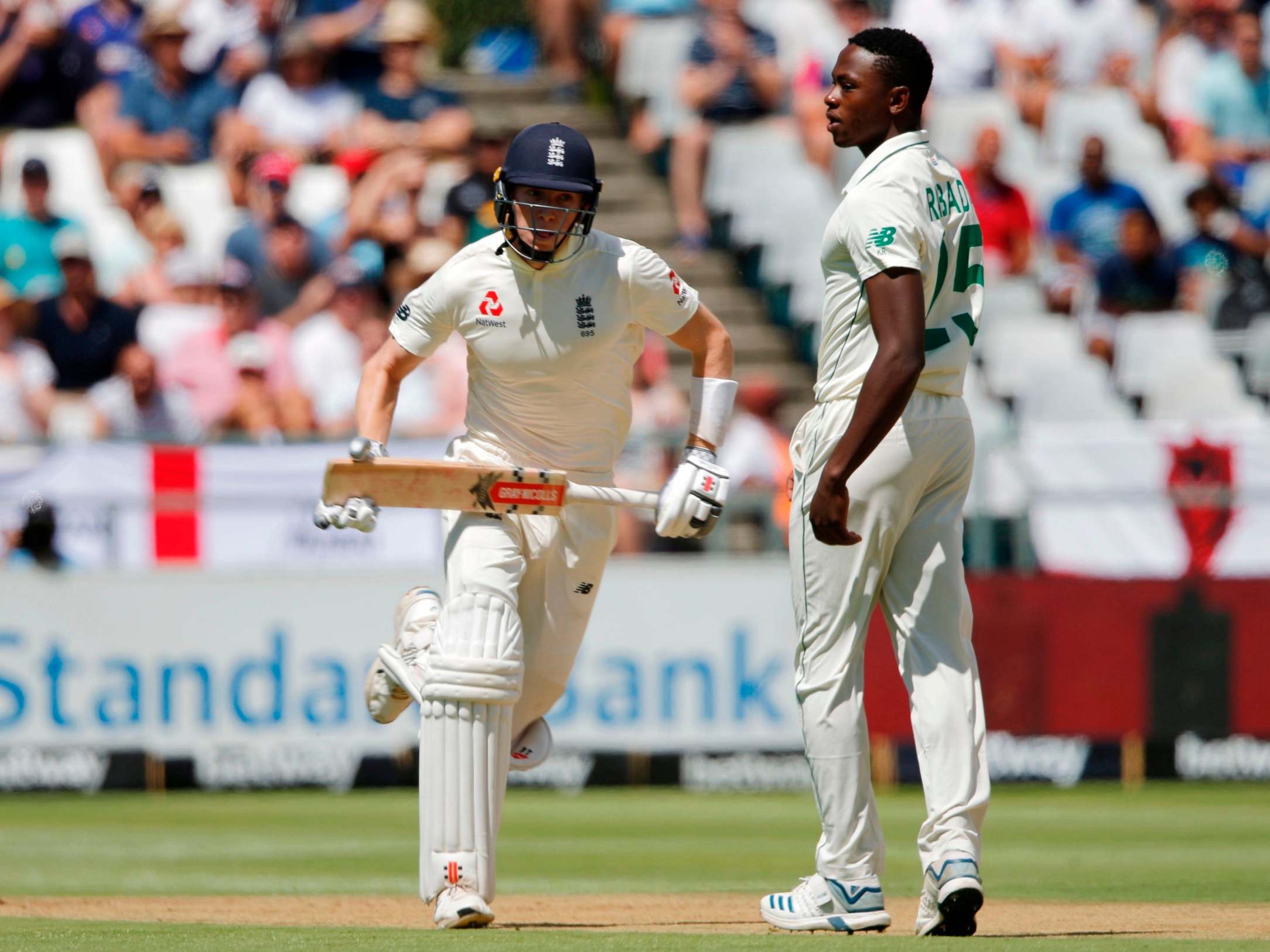 Crawley runs between the wickets past South Africa’s Kagiso Rabada