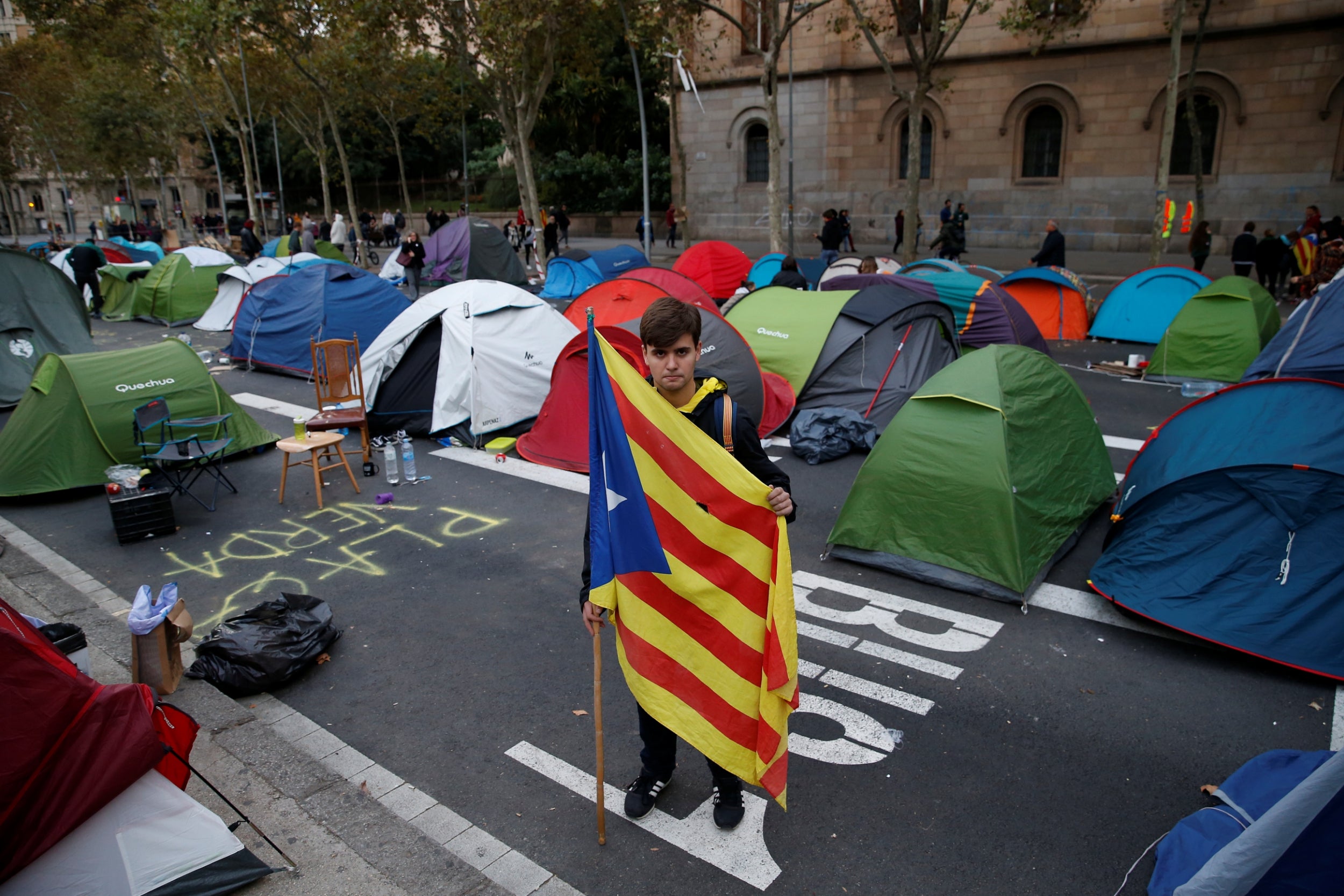 Axel Buxade, 18, poses with a Catalan flag during a protest at University Square in Barcelona, Spain