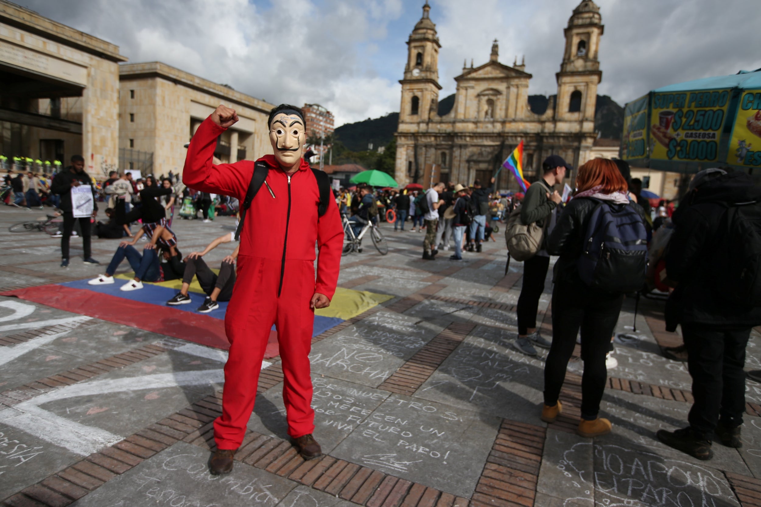 Teacher Andres Felipe Vargas, 52, poses for a photograph at a protest during a national strike in Bogota, Colombia