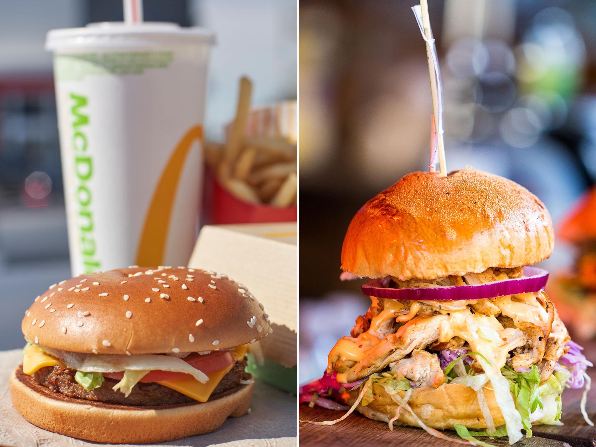 A matter of taste: plain and simple Maccy D’s cheeseburger or a Borough Market skyscraper