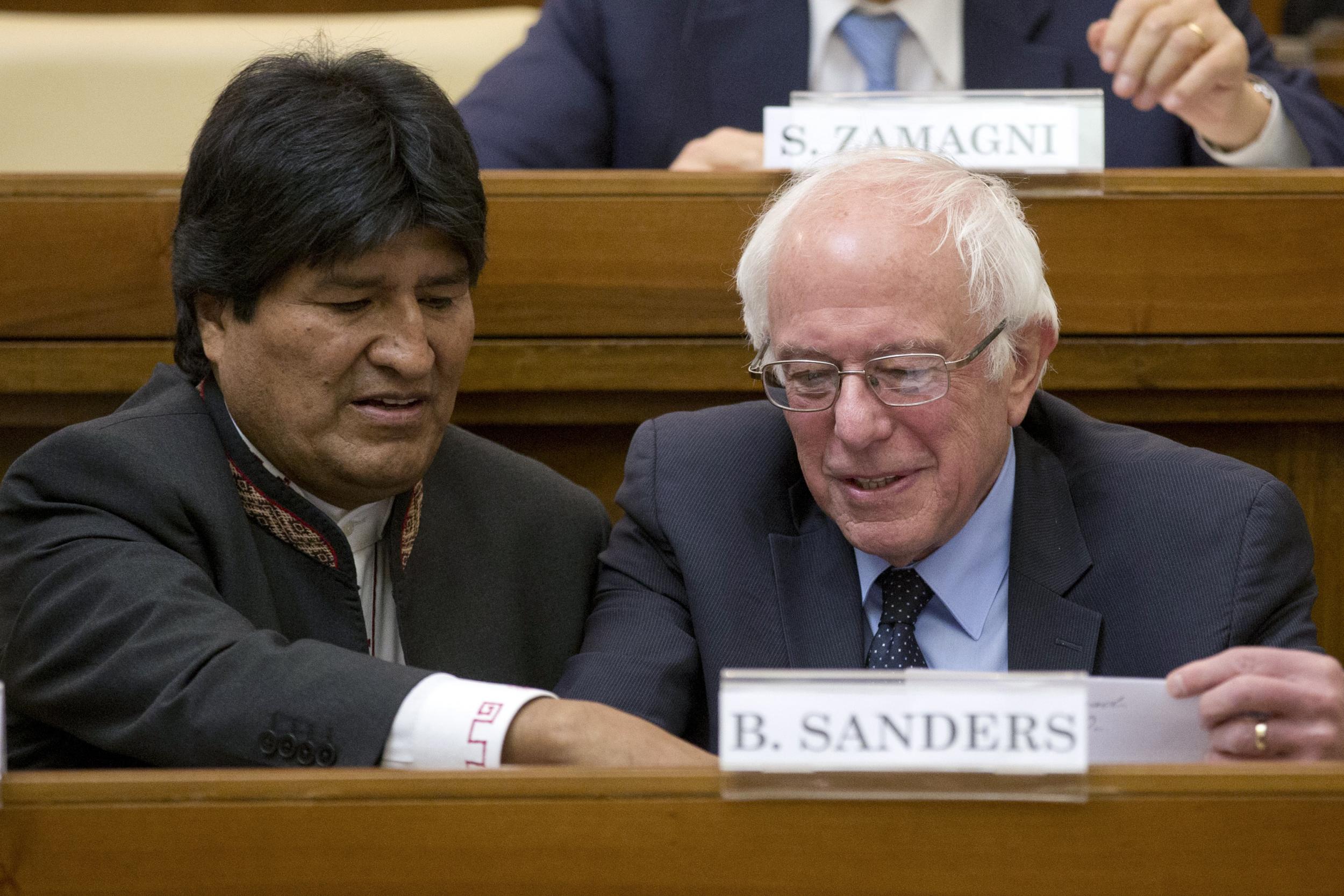 Mr Sanders sat with Evo Morales at a conference the economy and social justice at the Vatican in 2016