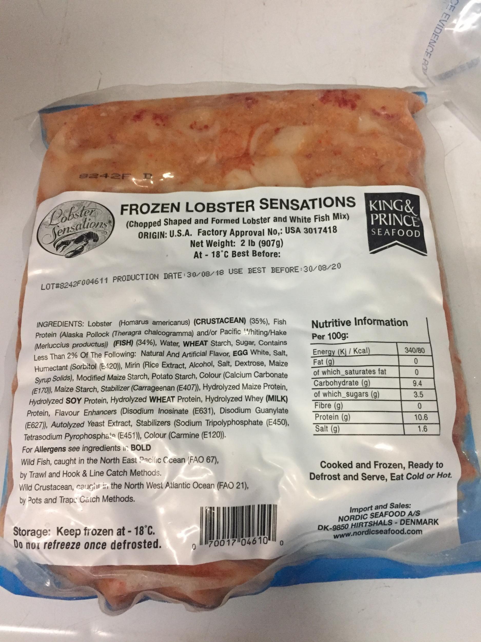 The ingredients in the ‘Lobster Sensations’ product