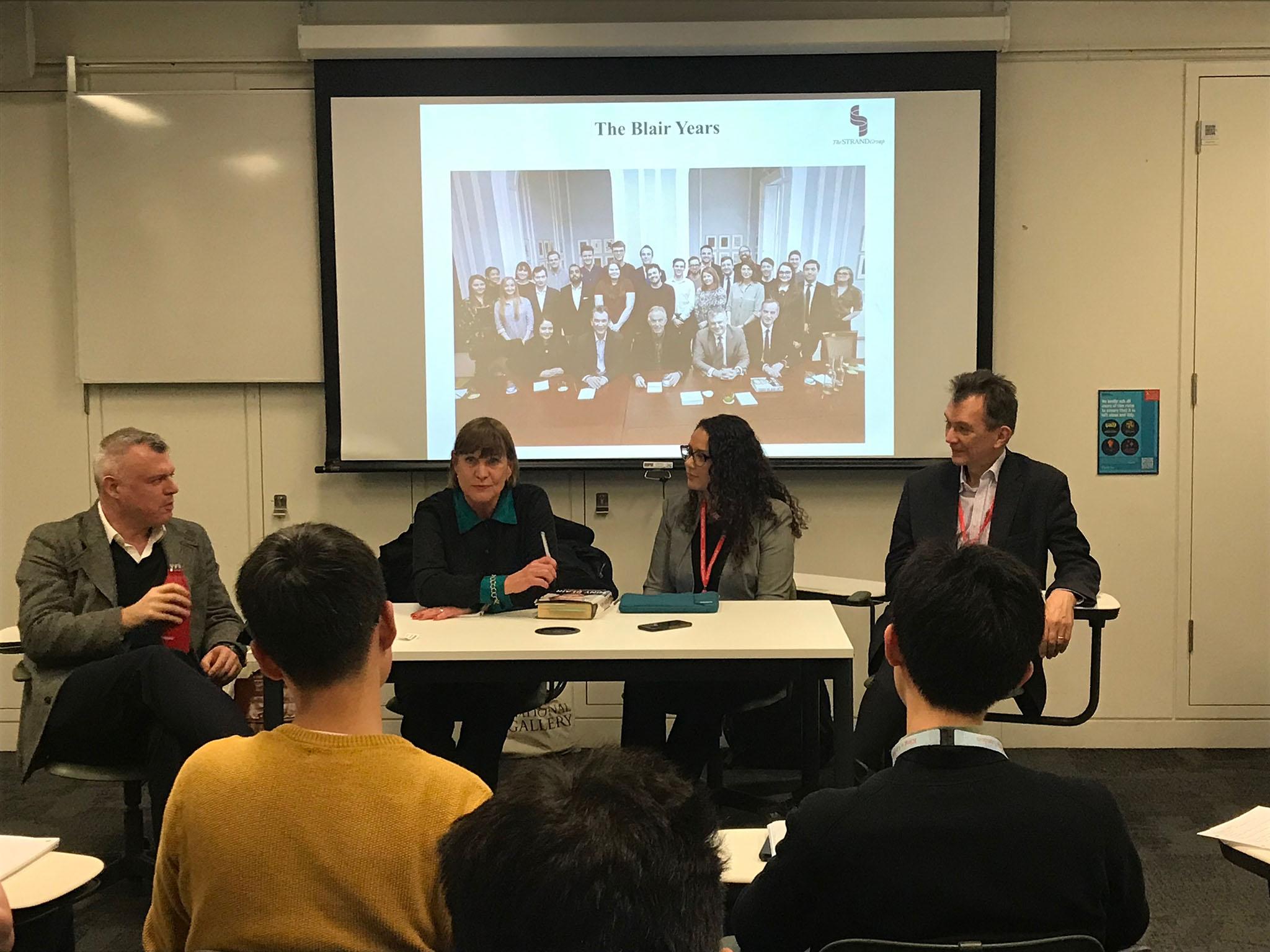 Anji Hunter, Tony Blair’s adviser, talks to students at King’s College London, with Jon Davis, Michelle Clement and John Rentoul