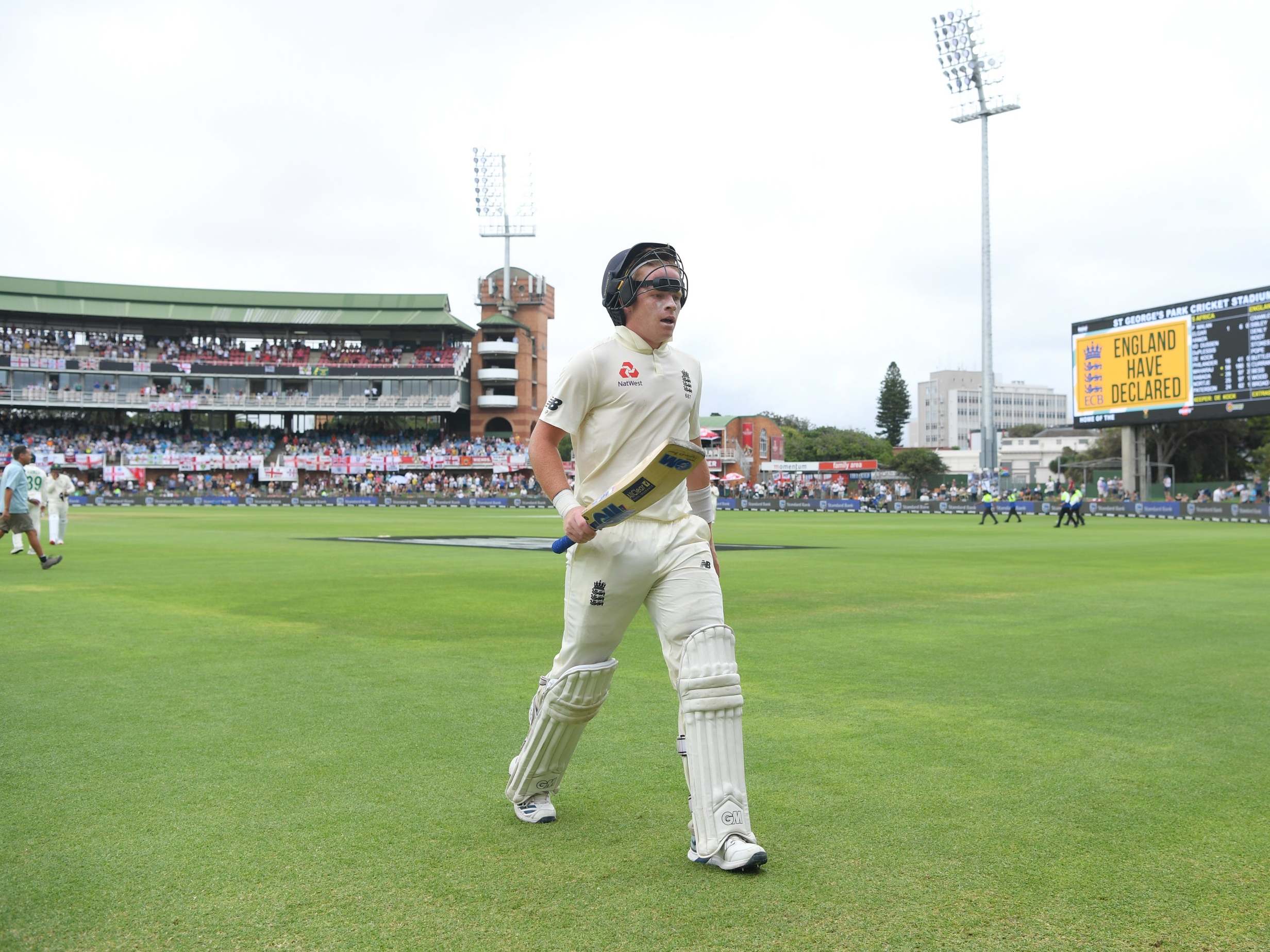 Ollie Pope leaves the field after hitting an unbeaten 135