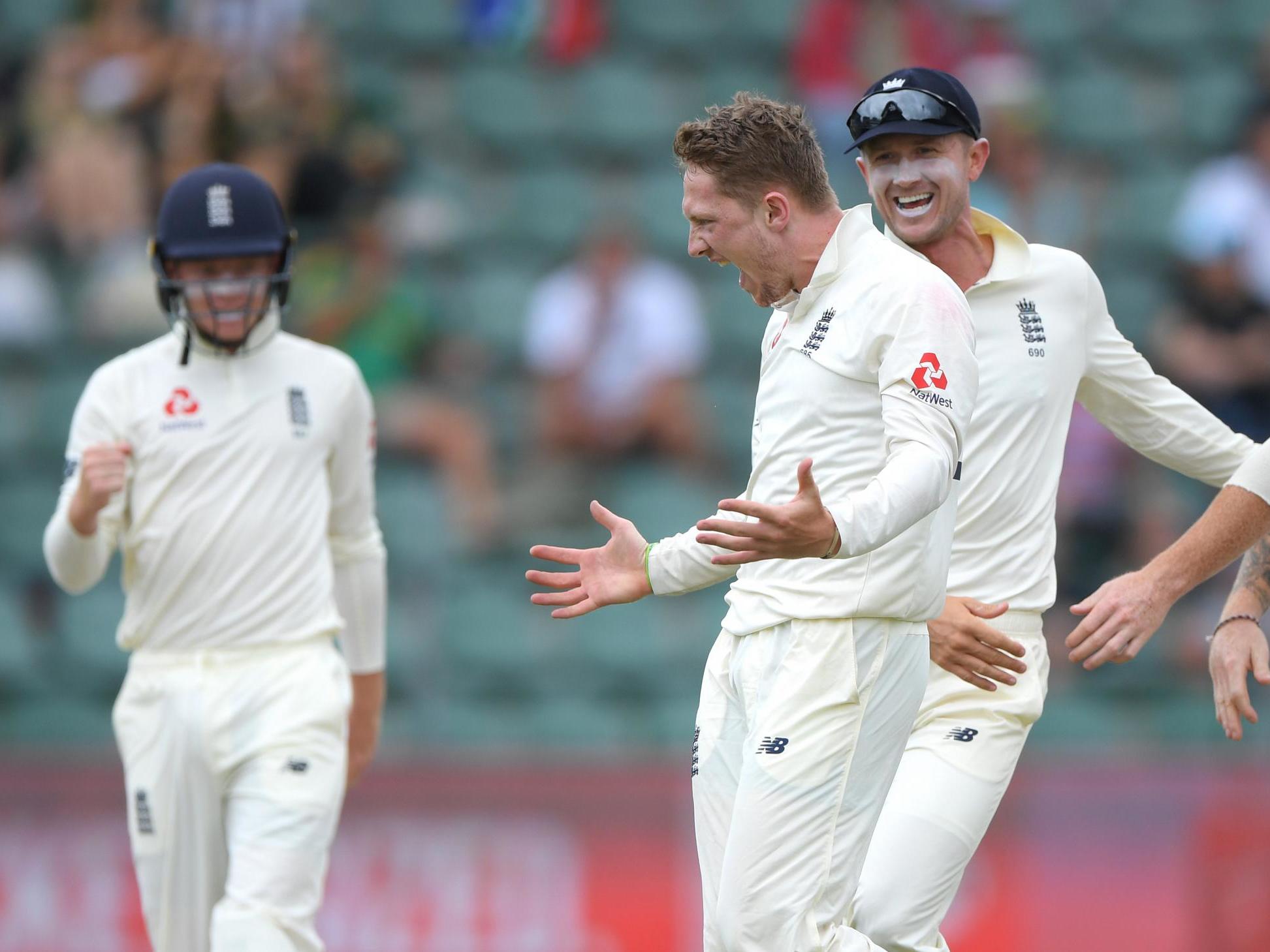 Dom Bess celebrates after taking the wicket of Faf du Plessis in South Africa