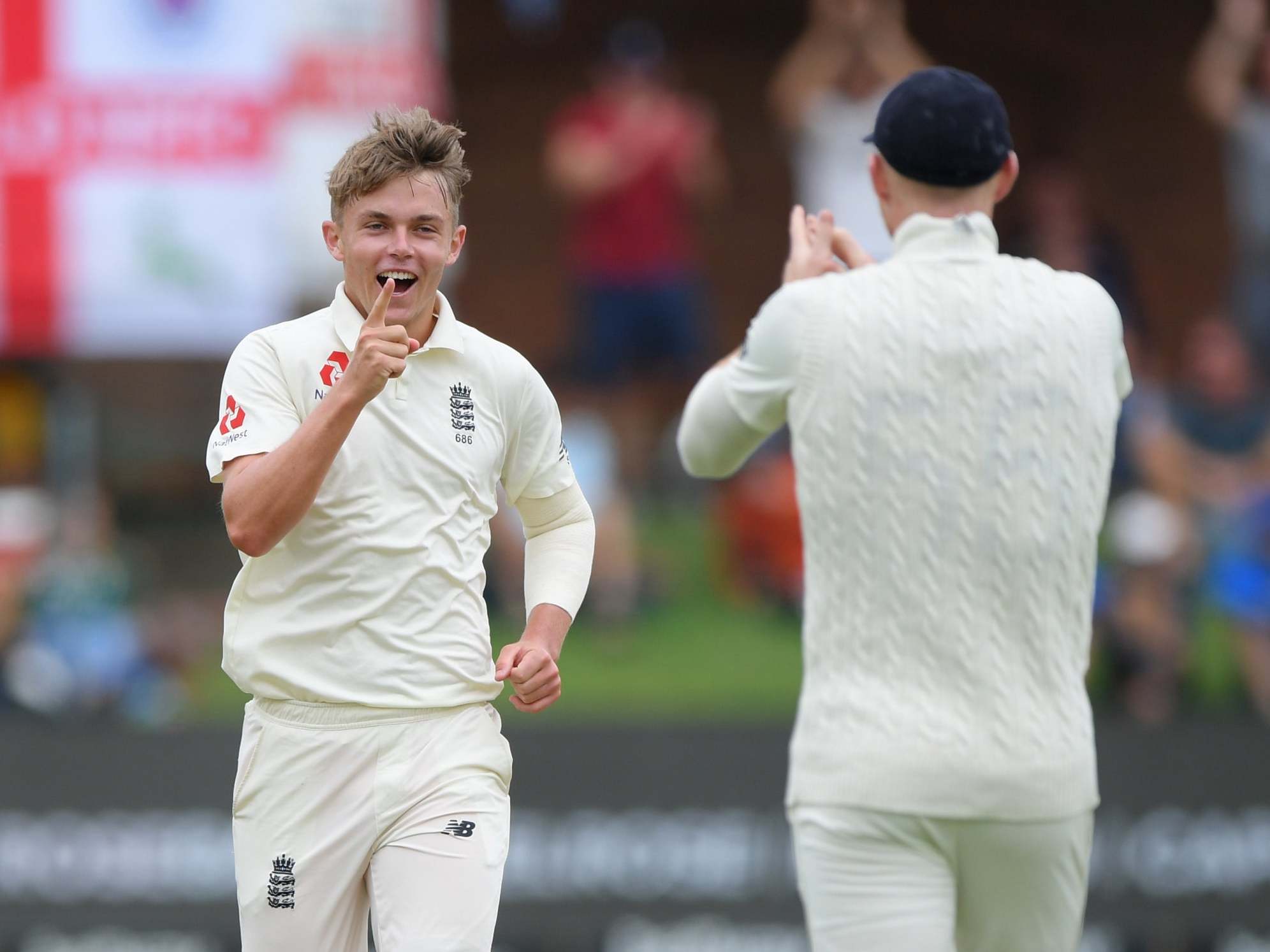 Sam Curran celebrates after bowling Quinton de Kock