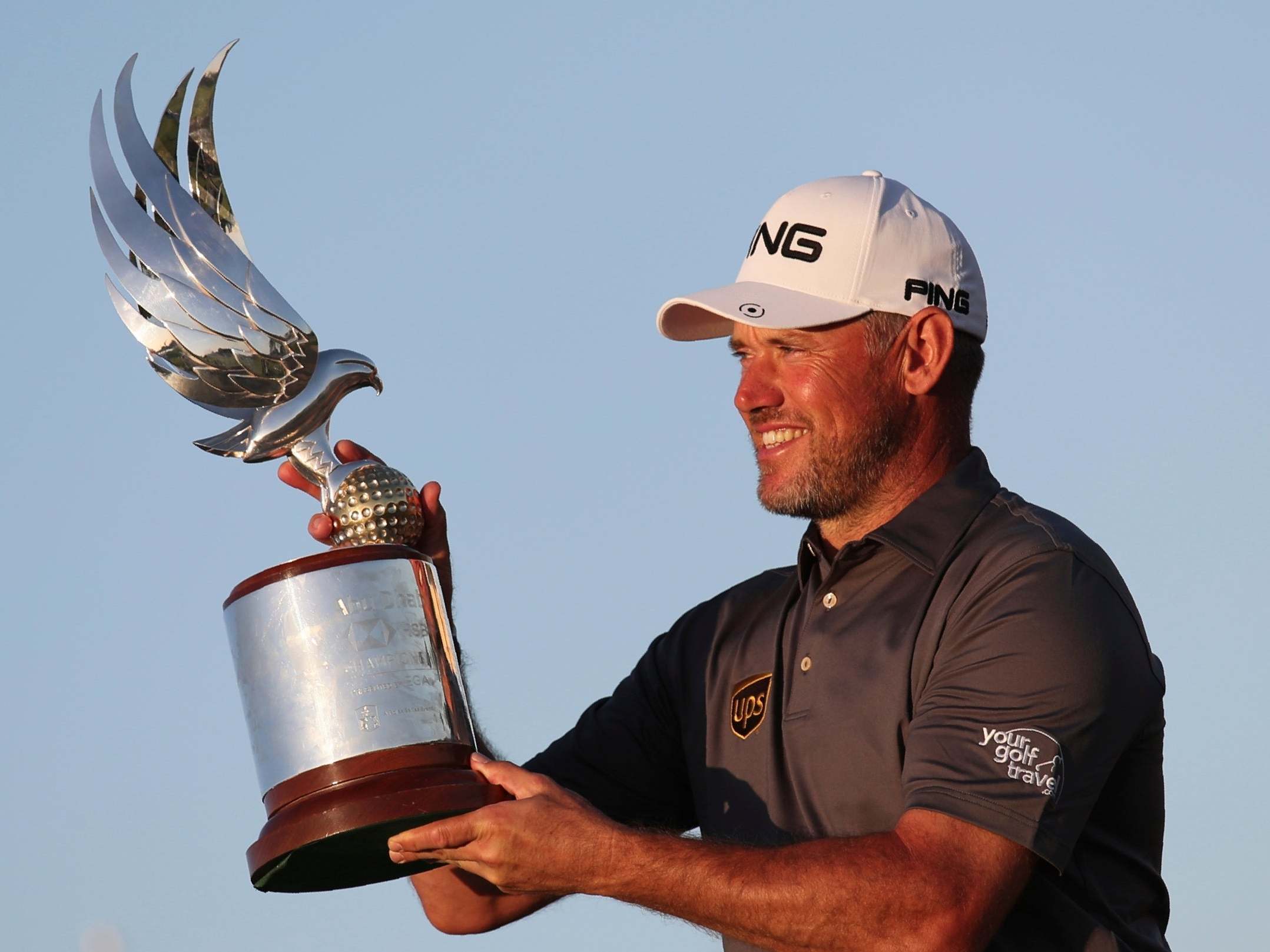 Lee Westwood celebrates winning a 44th worldwide title