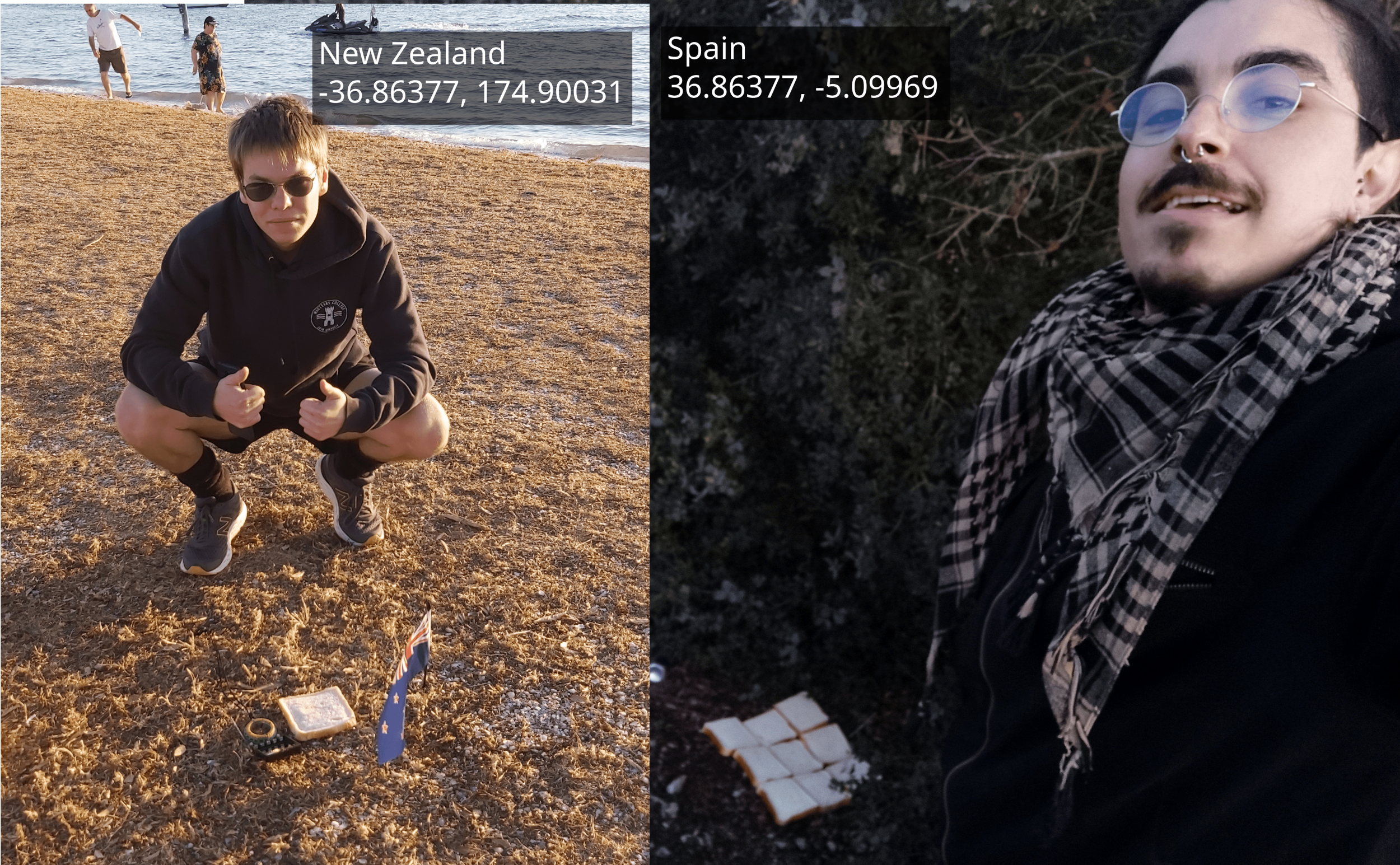 Etienne Naude, left, poses with his side of the Earth sandwich, while his Spanish counterpart poses on the other side of the world