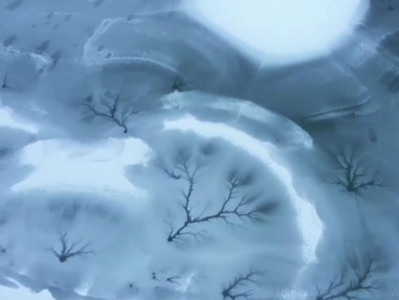 Aerial footage captured by a drone over the icy Butterfly Lake