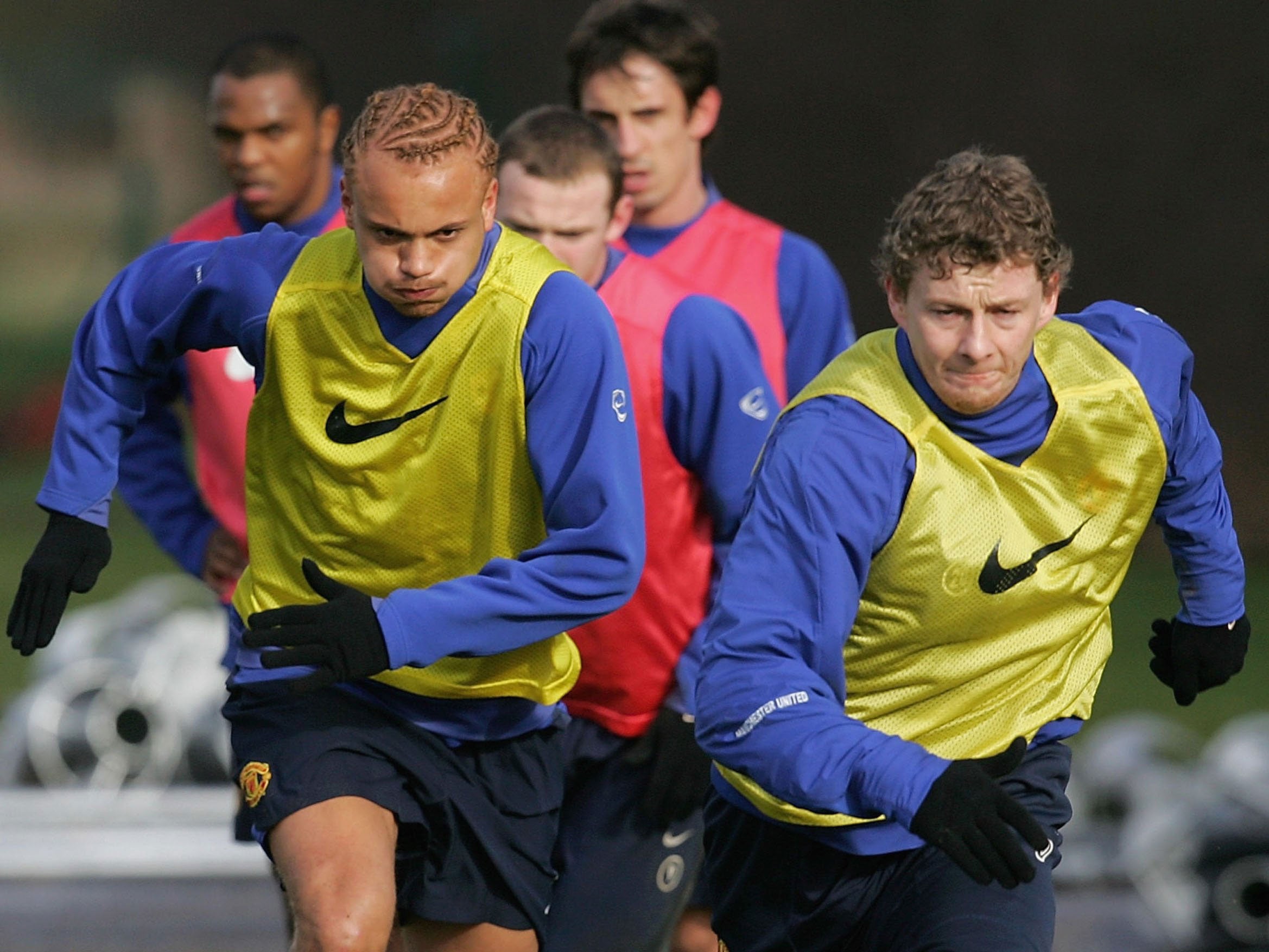 Brown and Solskjaer in training at United