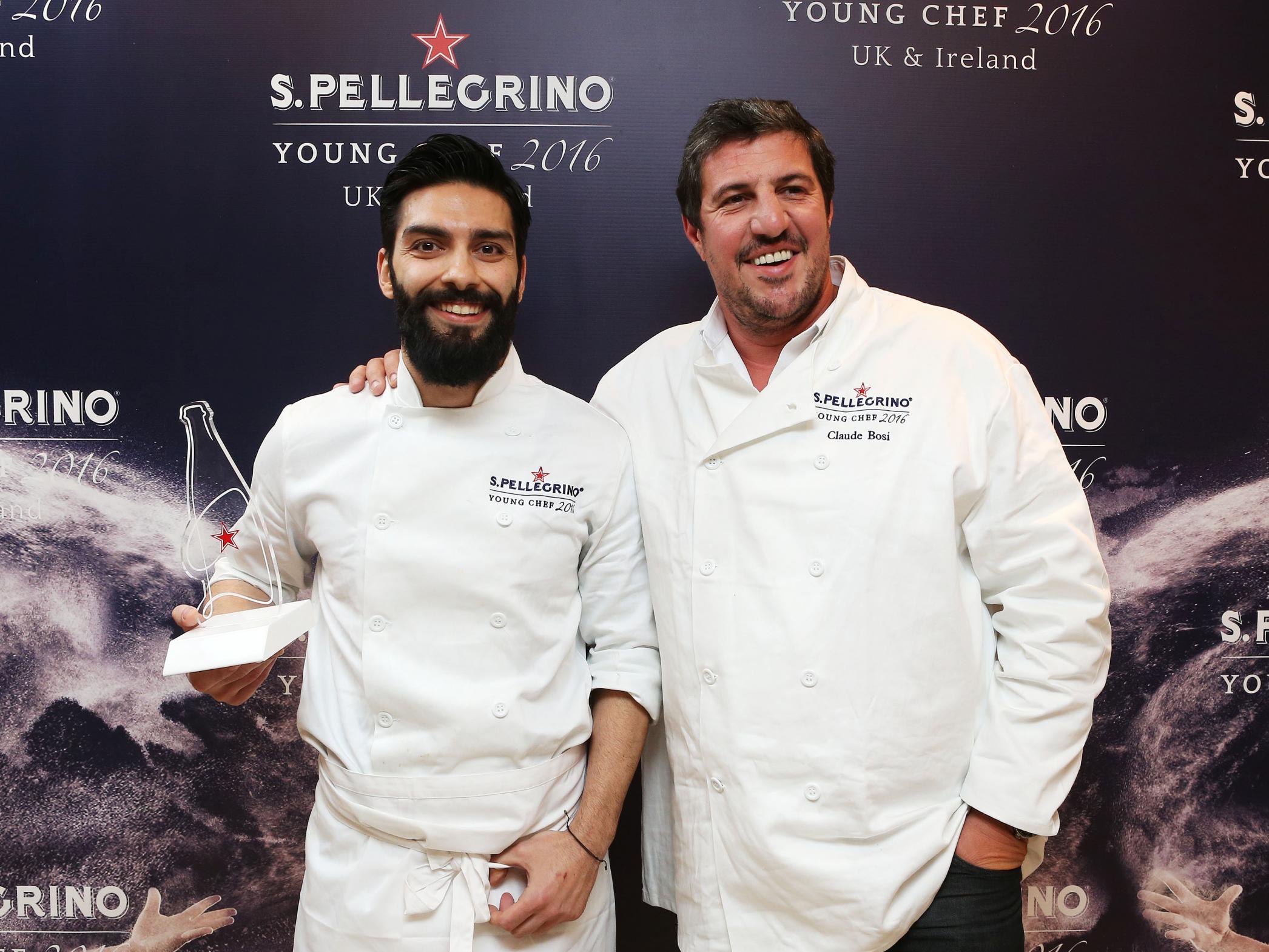 Claude Bosi (right), head judge for the S.Pellegrino UK Ireland Young Chef final, with winner George Kataras