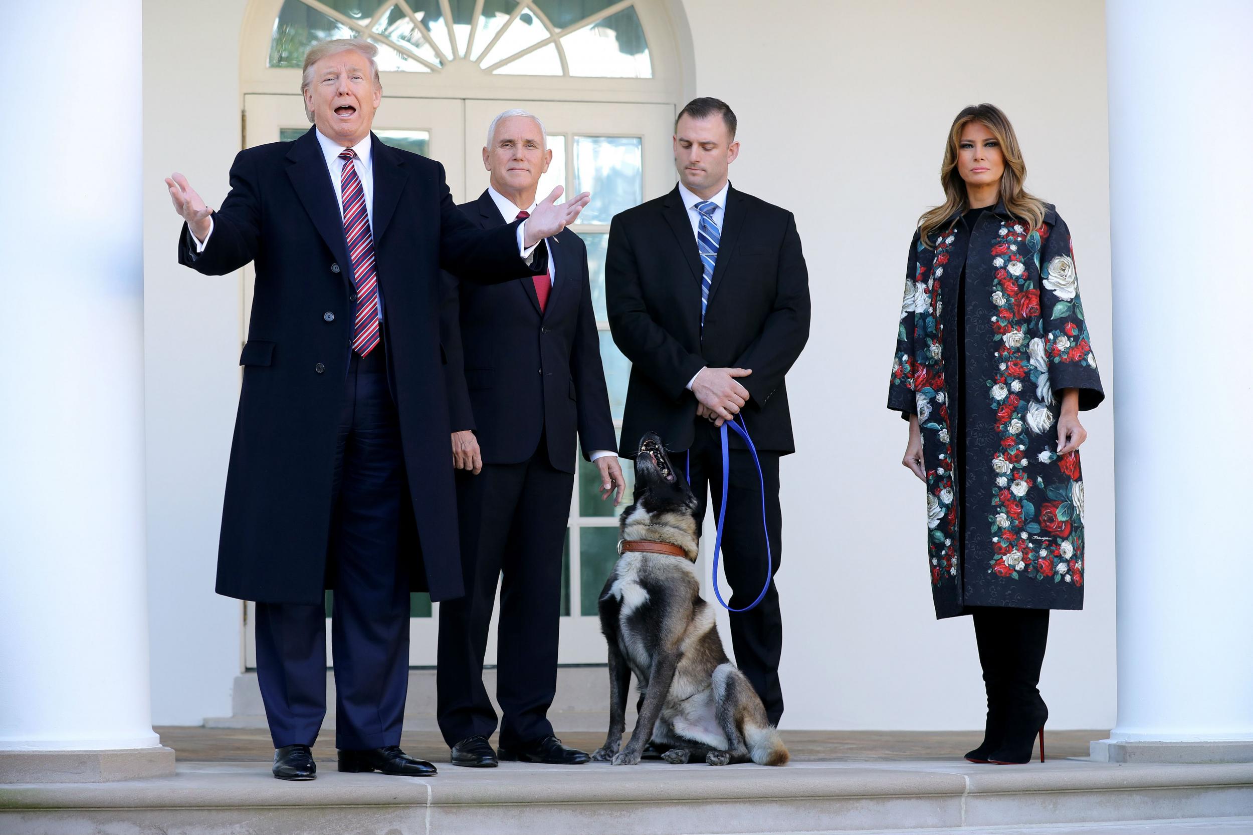 Melania and Donald Trump welcome Conan to the White House to receive his medal on November 25 2019