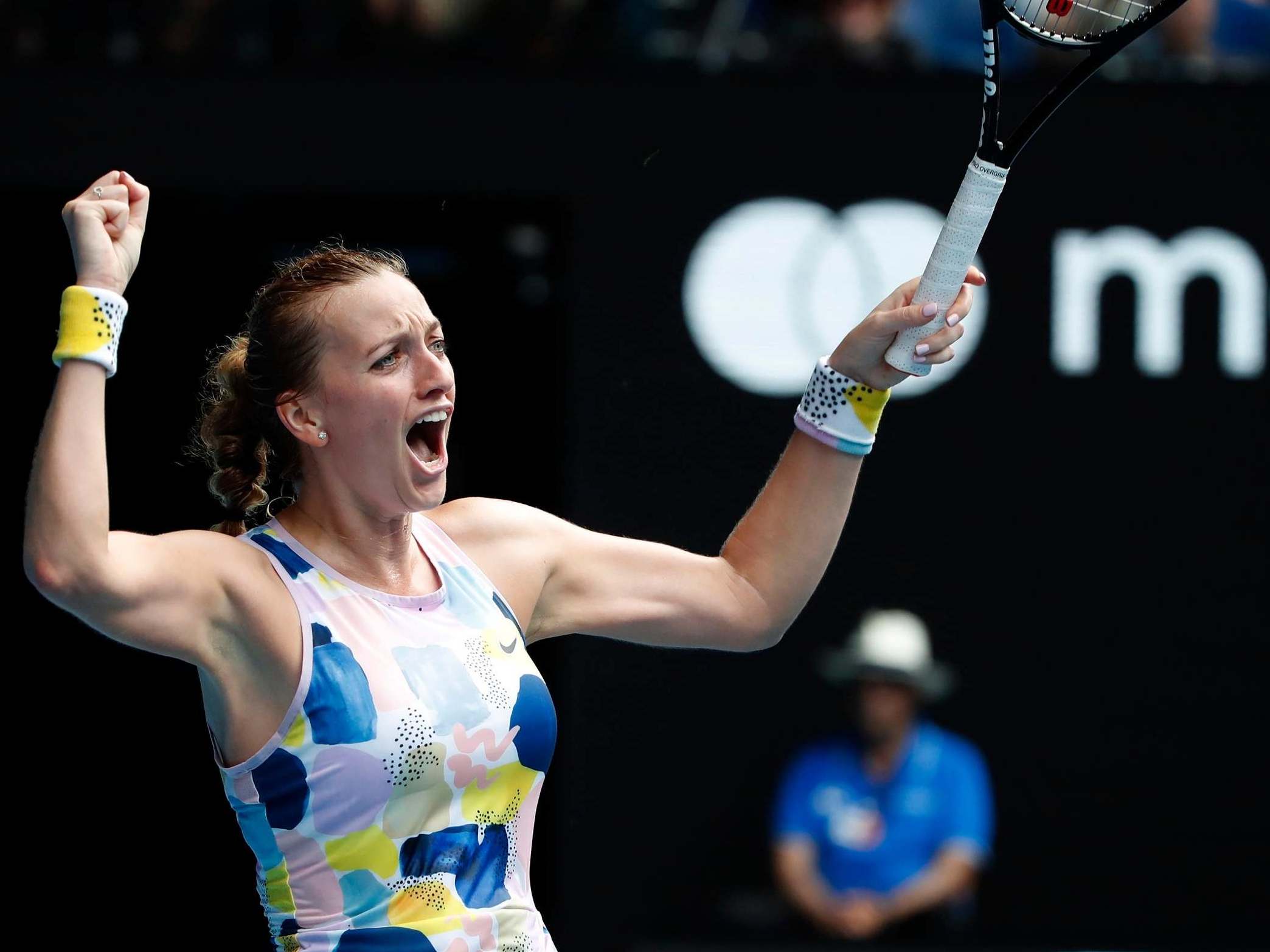 Petra Kvitova celebrates coming through against Maria Sakkari