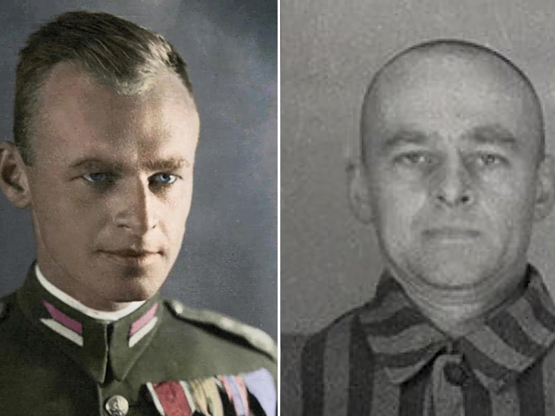 Left: A colourised portrait of Witold Pilecki sometime before World War II. Right: Pilecki as prisoner No. 4859 in Auschwitz in 1941