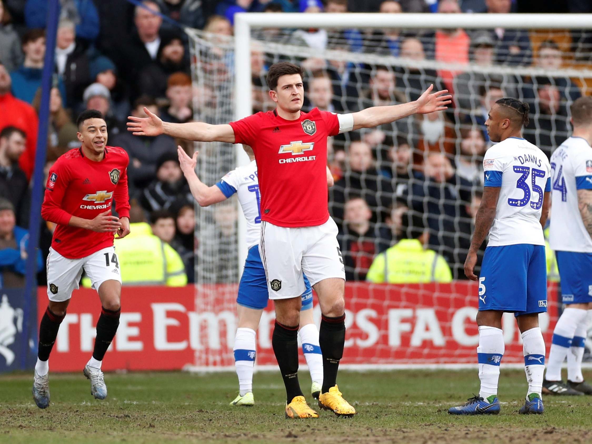 Harry Maguire celebrates scoring Manchester United's opener