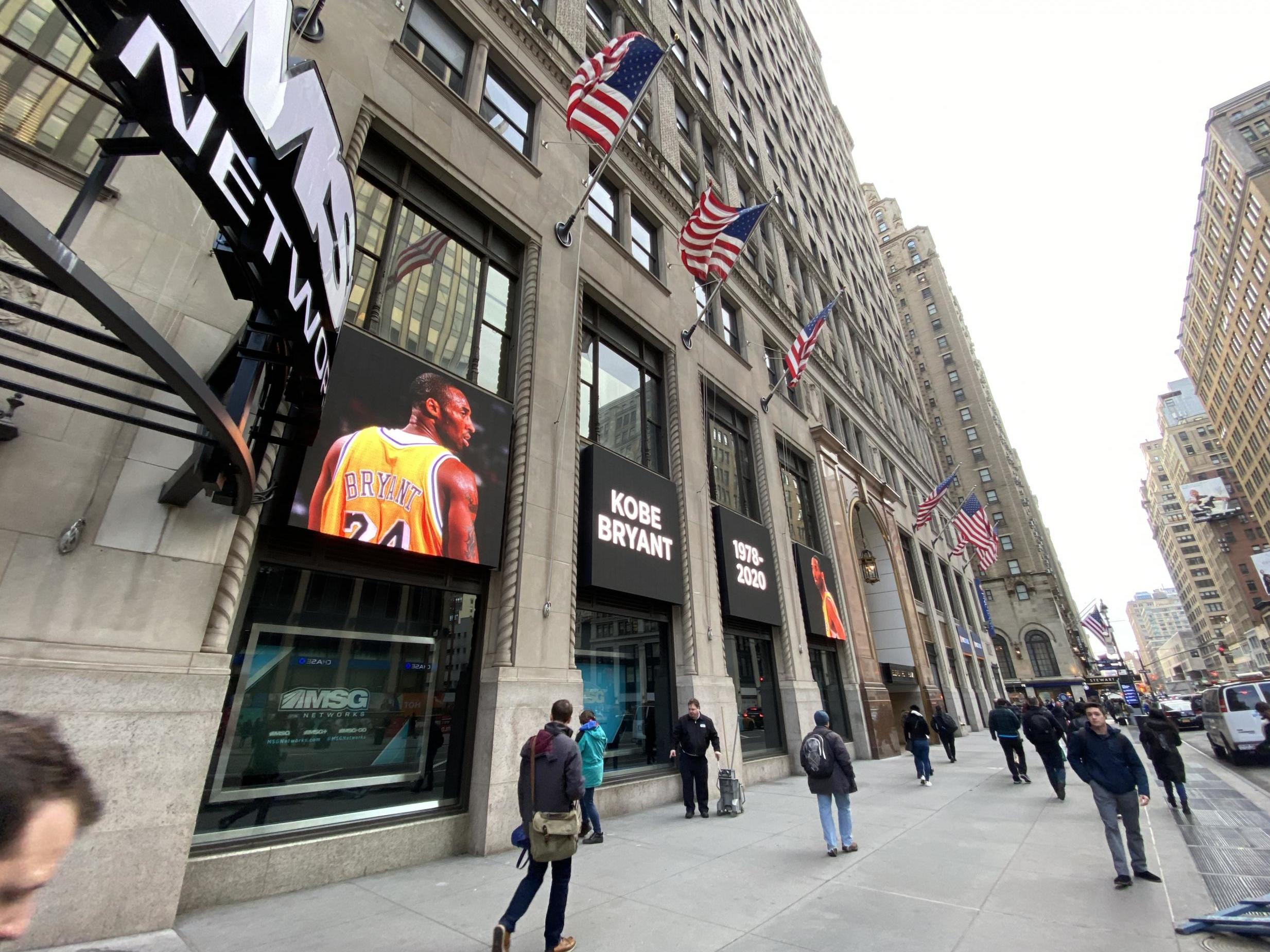 A tribute to Kobe Bryant on display outside of Madison Square Garden in New York City on Monday