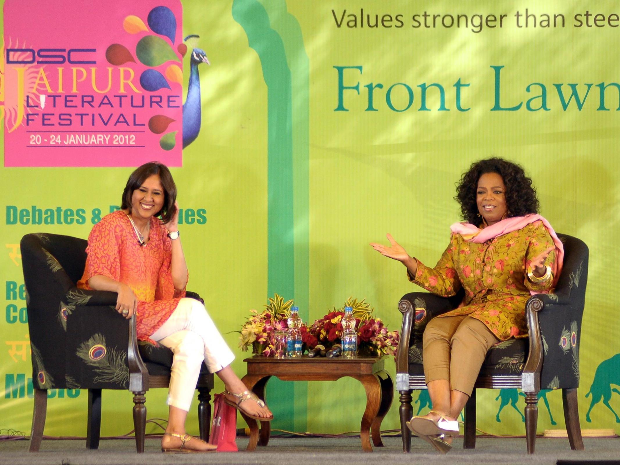 Barkha Dutt, Indian TV journalist, talks to Oprah Winfrey at the 2012 Jaipur Literature Festival