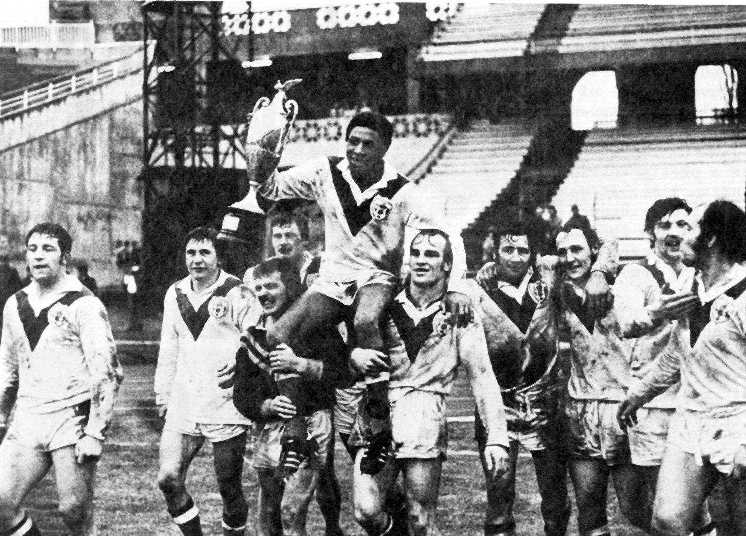 Clive Sullivan, with the 1972 Rugby League World Cup, held aloft by his teammates in Lyon