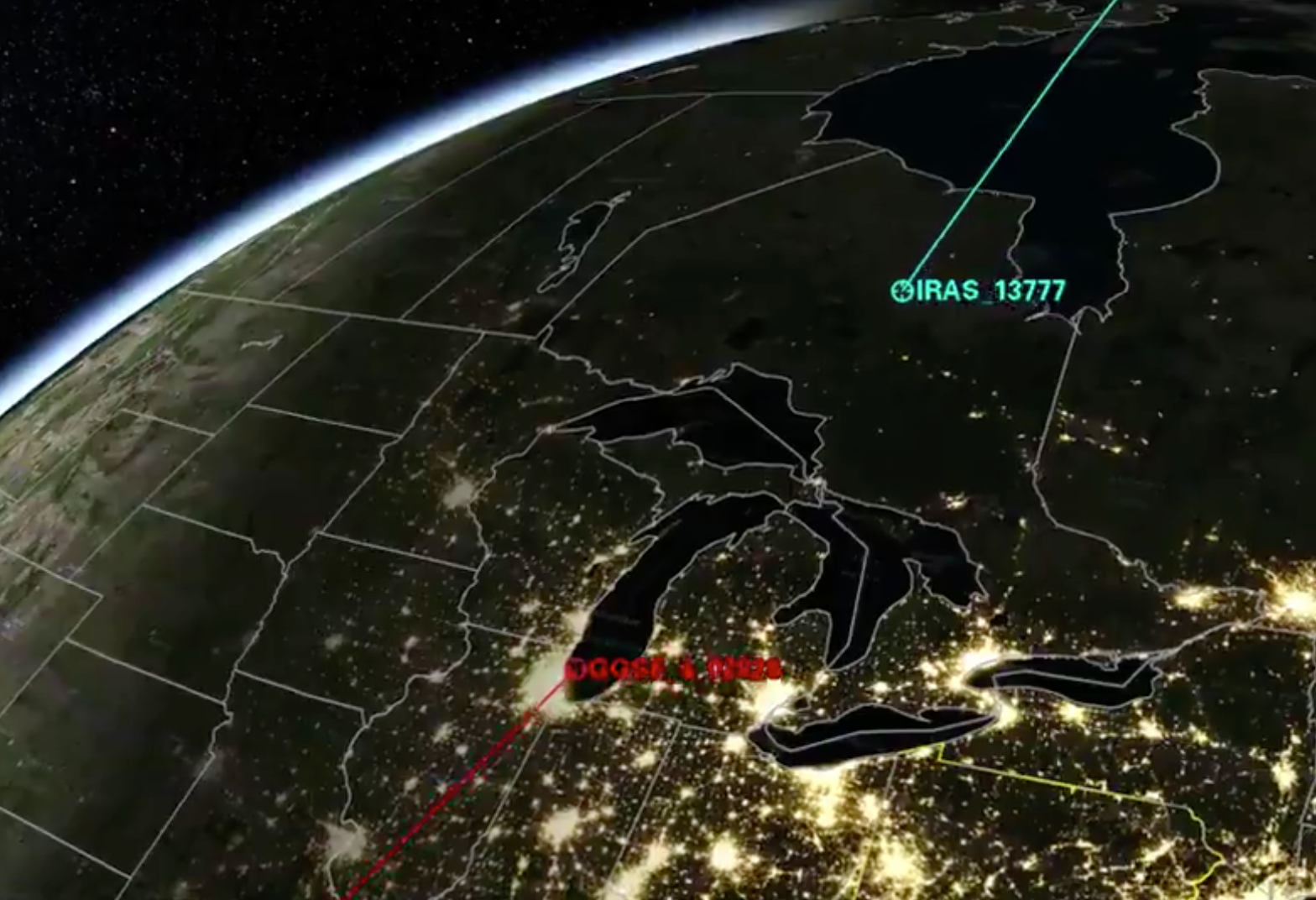 Analytical Graphics modeled data for the IRAS and GGSE 4 satellites showing how they may collide over Pennsylvania