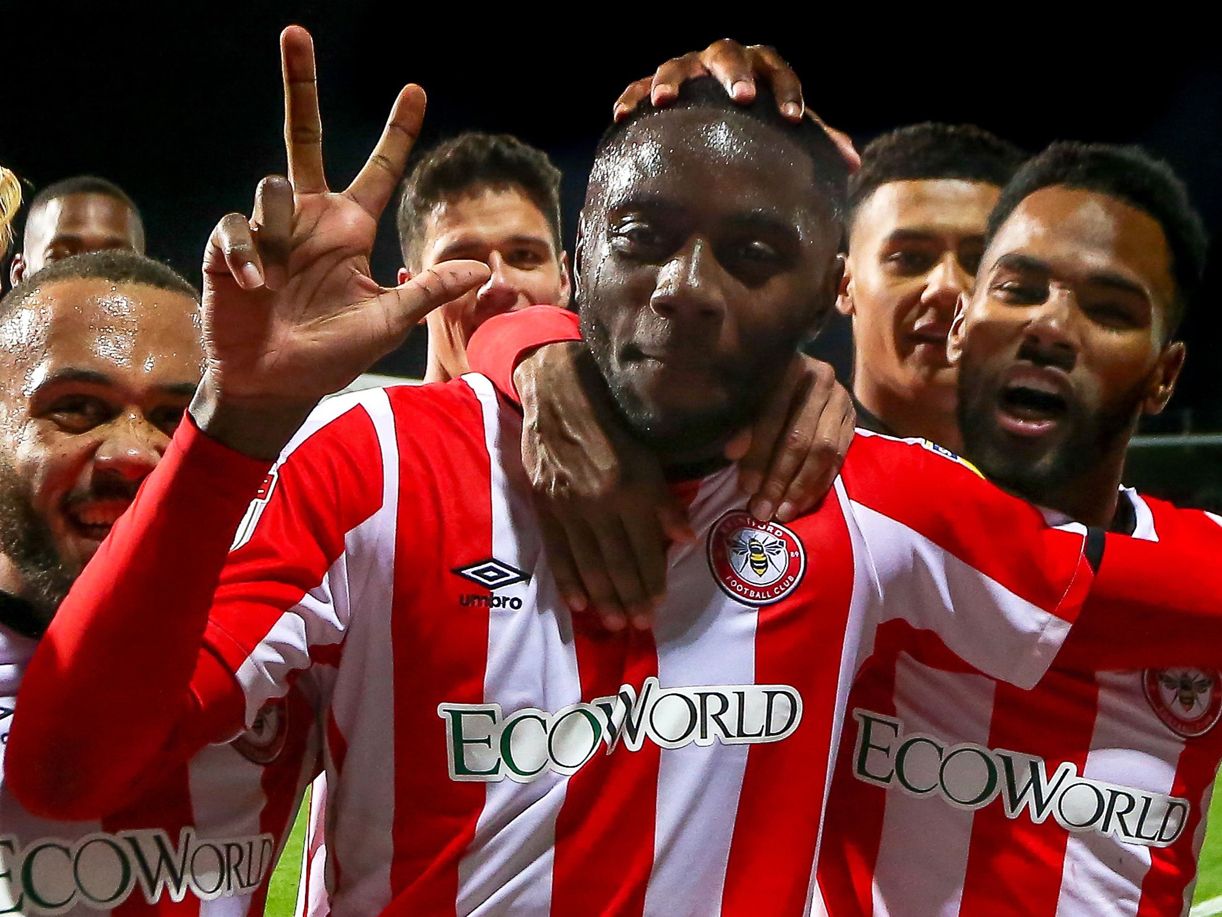 Josh Dasilva celebrates scoring a hat-trick against Luton